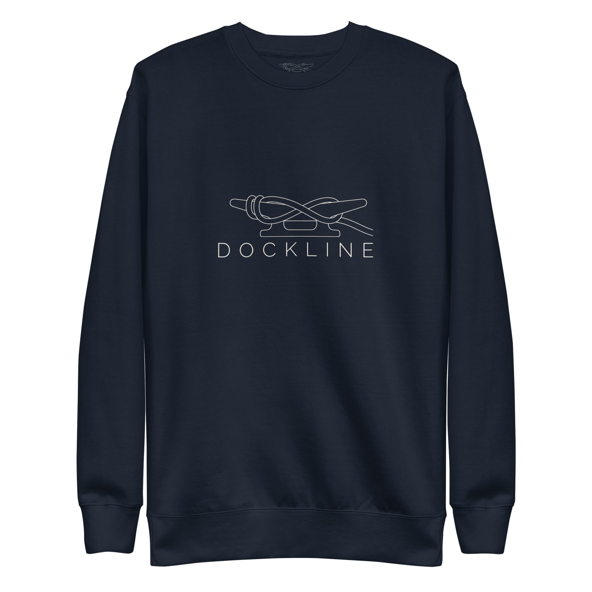 Dockline Mark Crew in Navy Blazer with Sail Cream lockup, front view