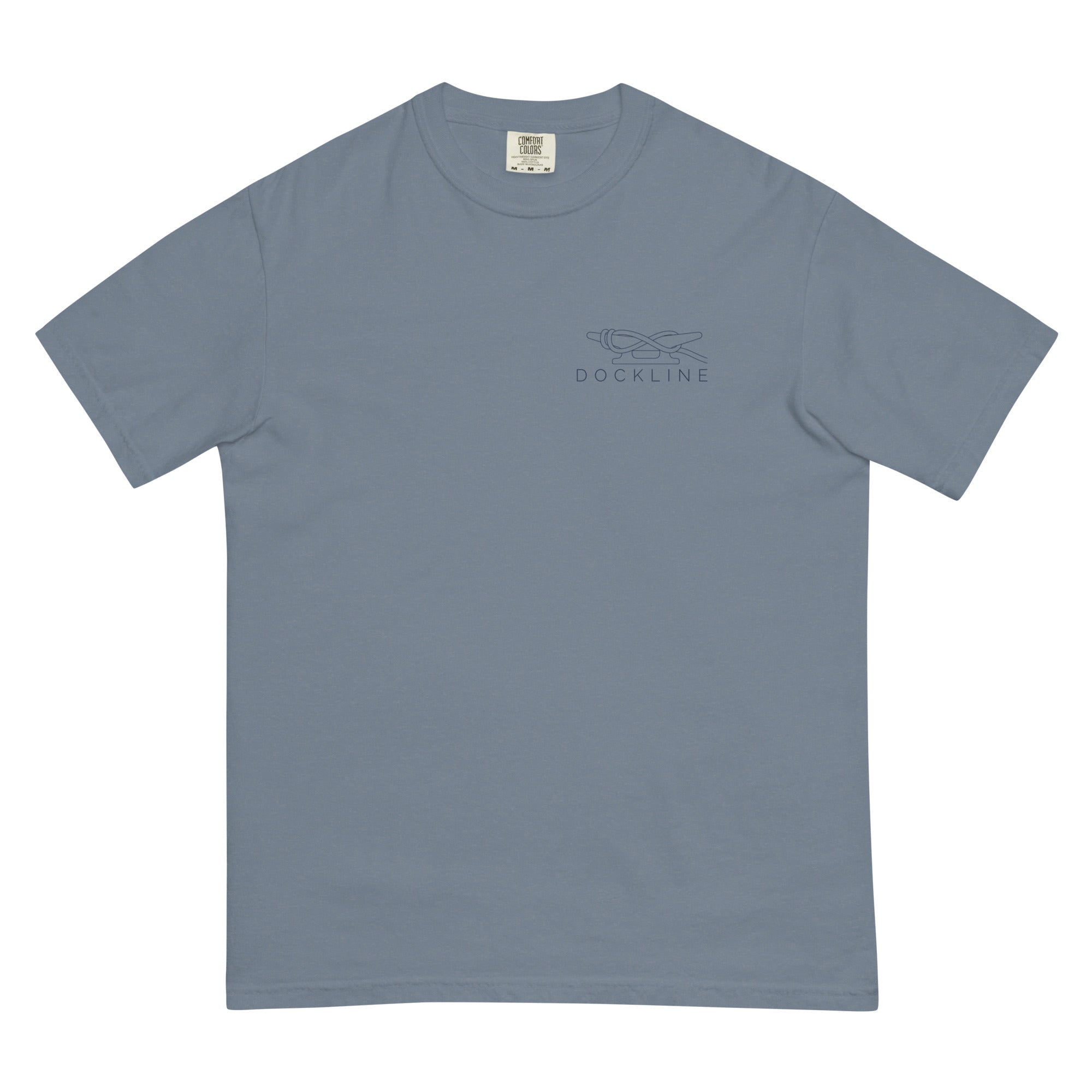 Dockline Tee in Blue Jean with navy cleat-hitch print, front view