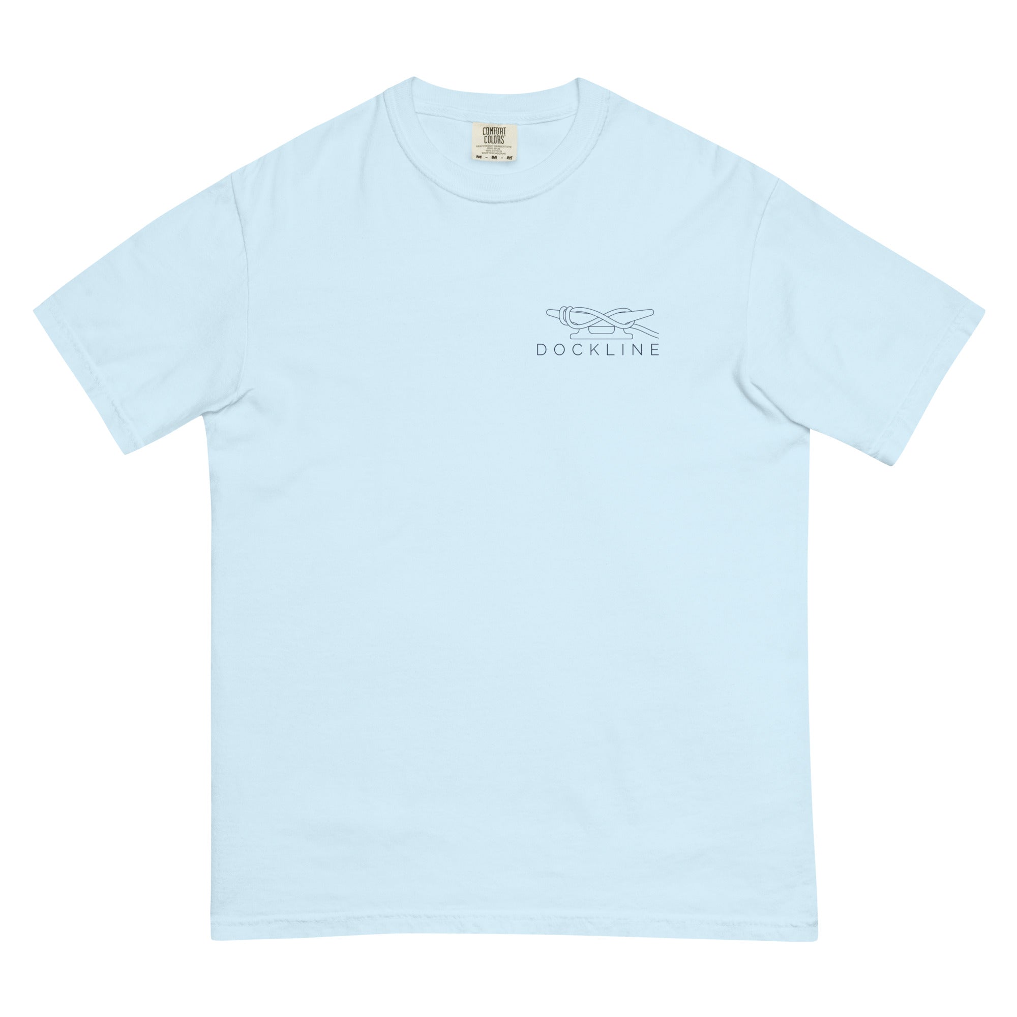 Dockline Tee in Chambray with navy cleat-hitch print, front view