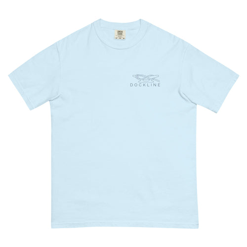 Dockline Tee in Chambray with navy cleat-hitch print, front view