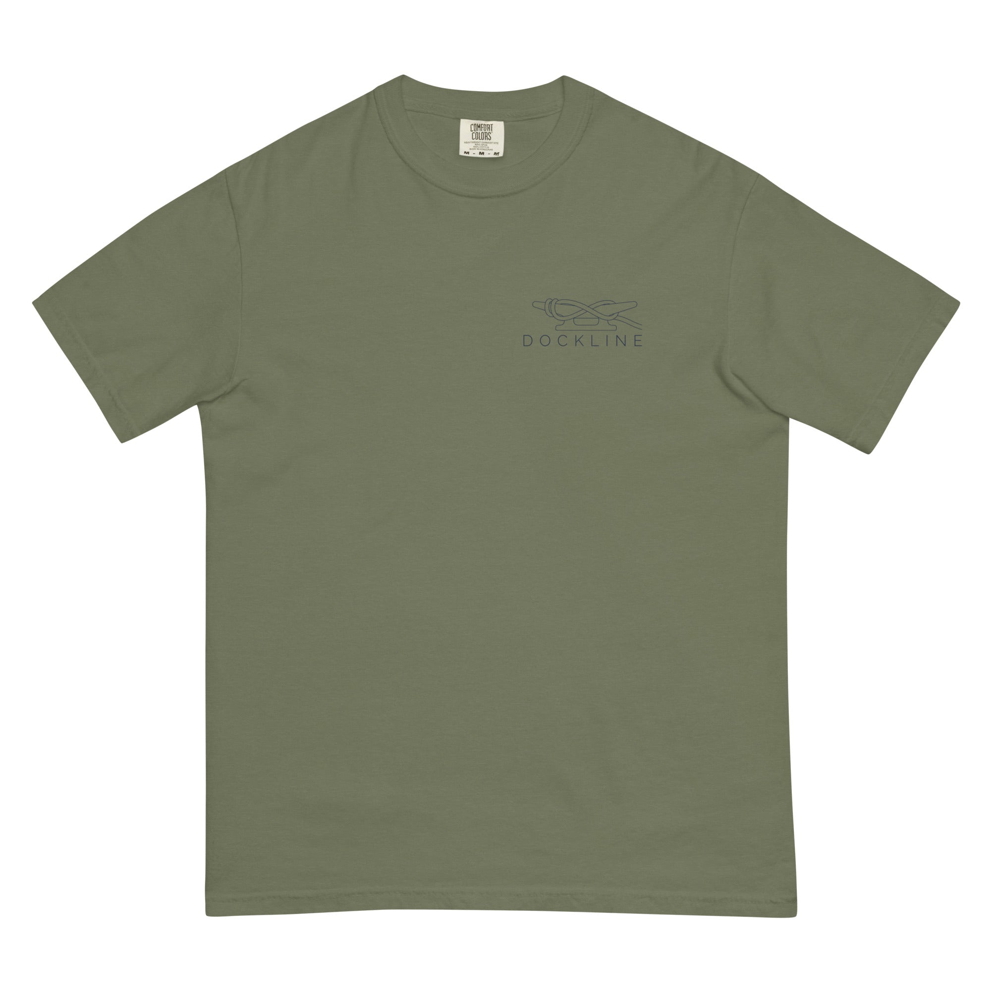 Dockline Tee in Moss with navy cleat-hitch print, front view