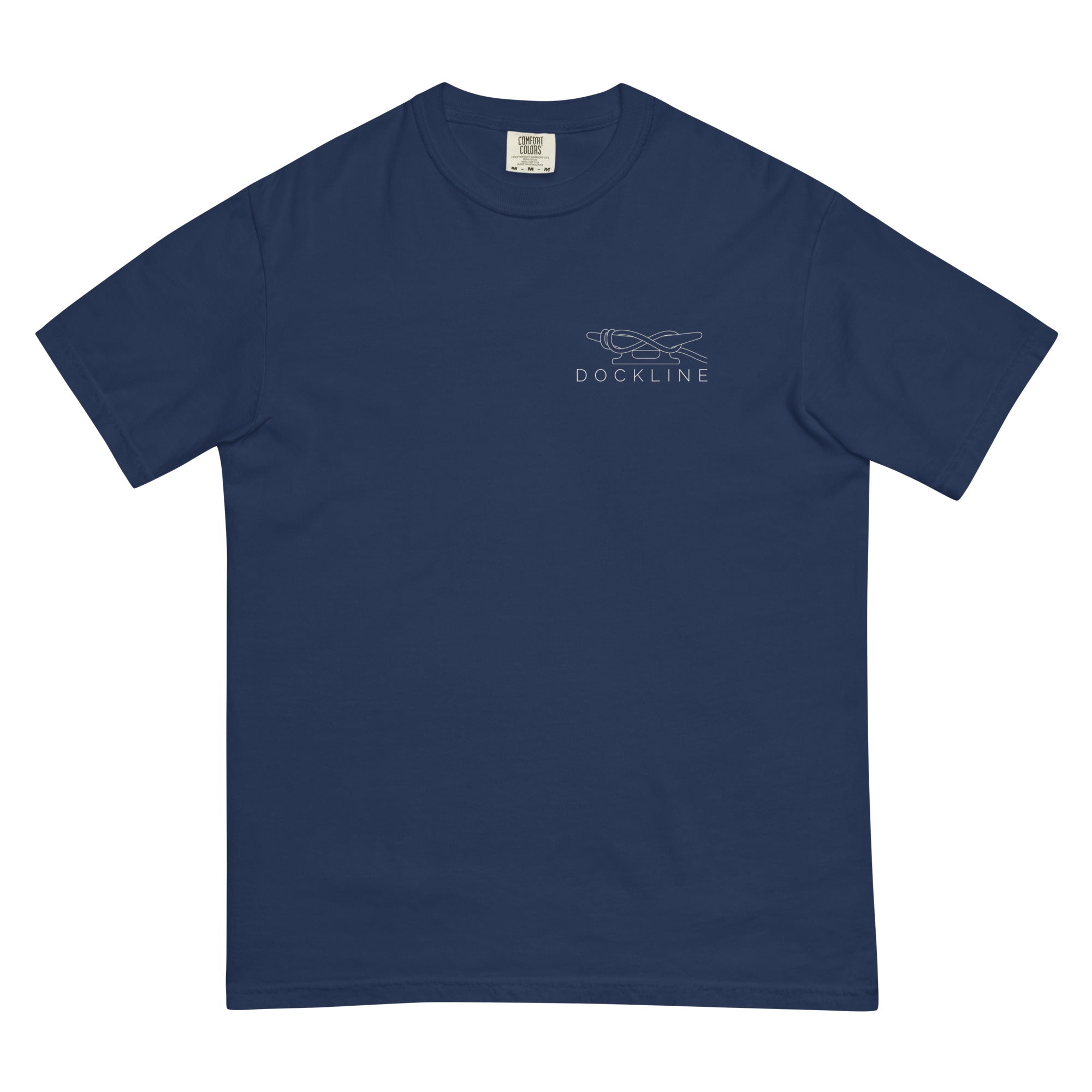 Dockline Tee in True Navy with Sail Cream cleat-hitch print, front view