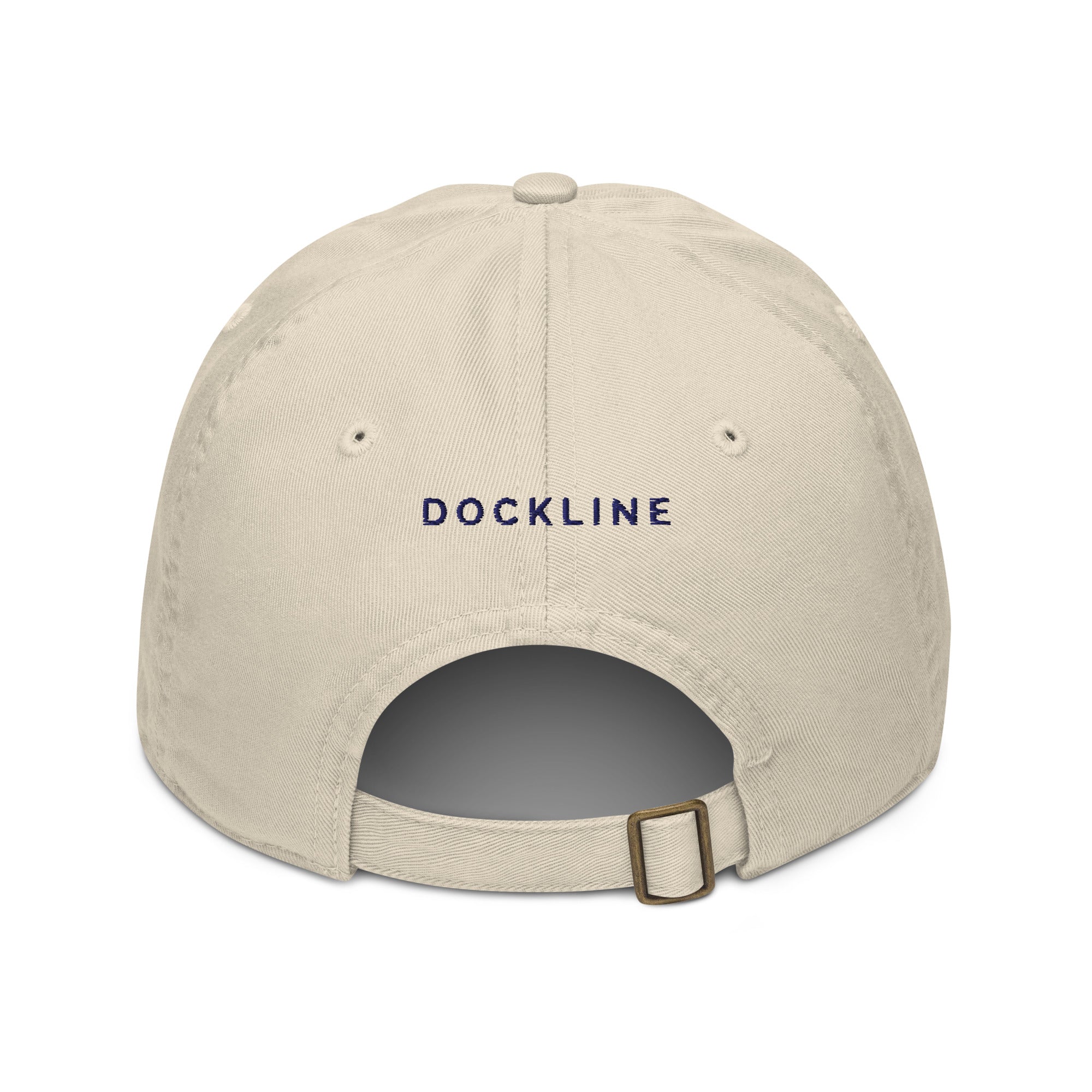 Pointe au Baril Cap in Oyster with navy DOCKLINE embroidery, back view
