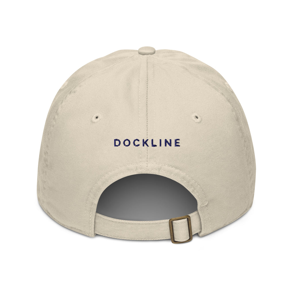 Honey Harbour Cap in Oyster with navy embroidery, back view