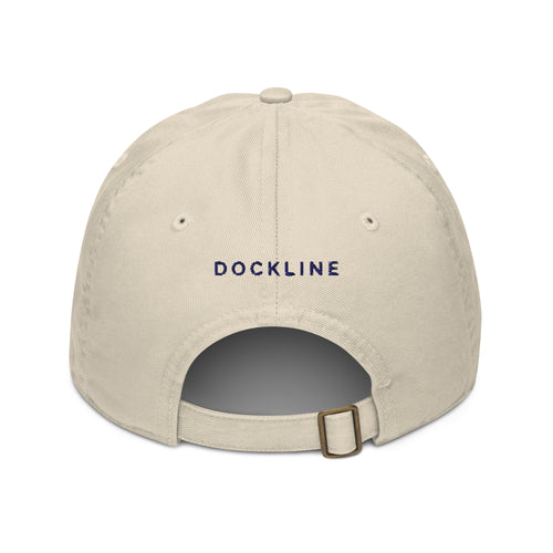 Honey Harbour Cap in Oyster with navy embroidery, back view