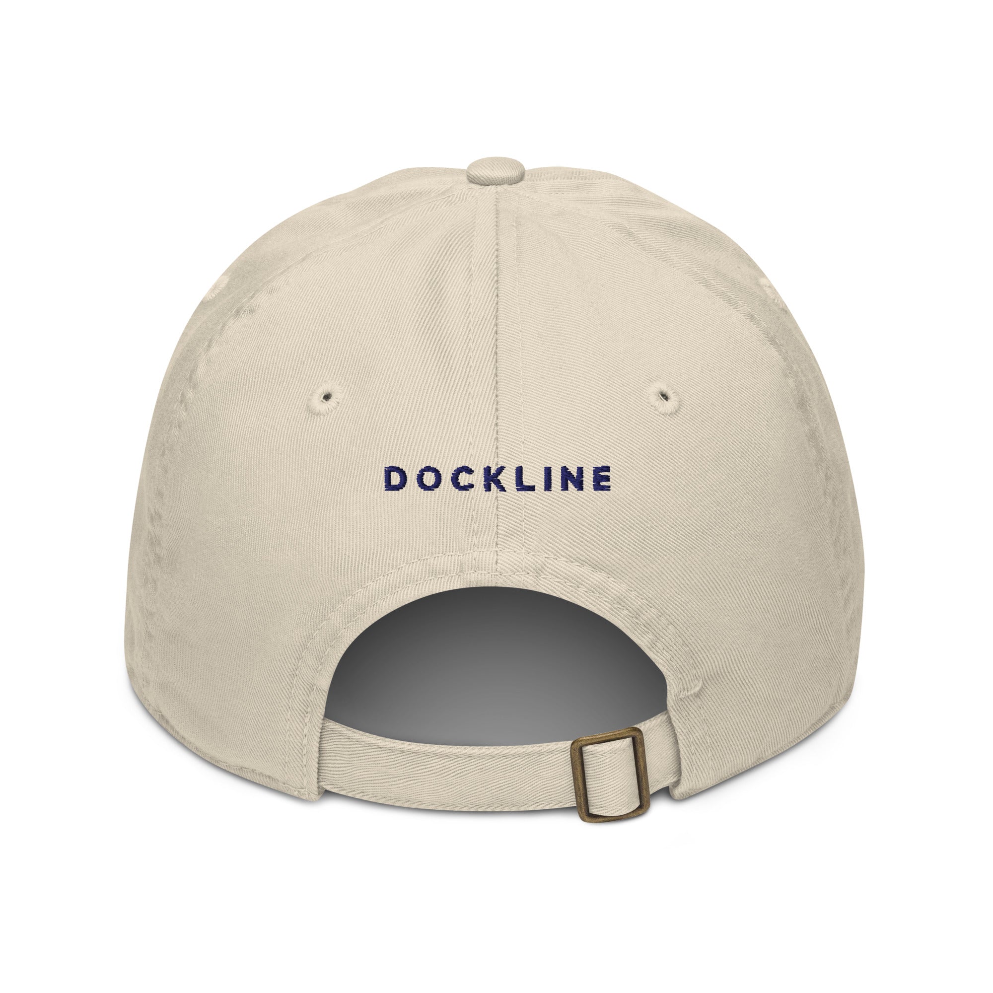 Dockline Cap in Oyster with navy DOCKLINE embroidery, back view