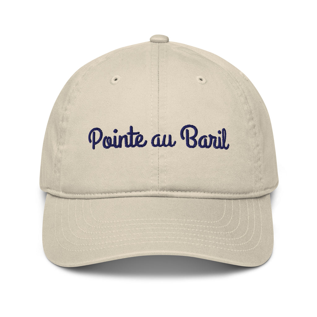 Pointe au Baril Cap in Oyster with navy script embroidery, front view