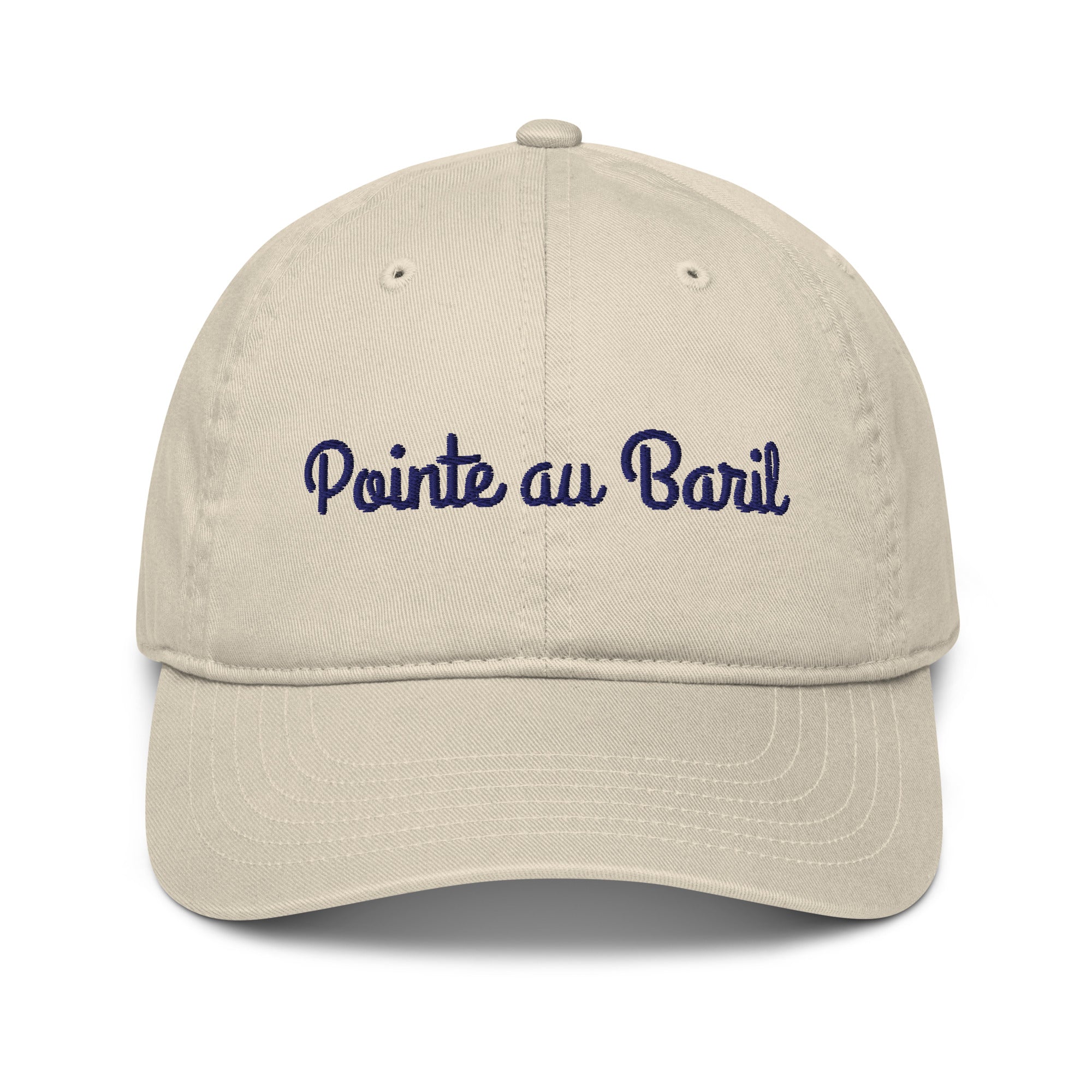 Pointe au Baril Cap in Oyster with navy script embroidery, front view