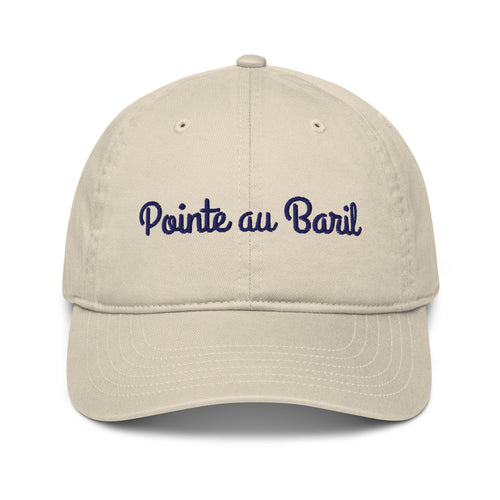 Pointe au Baril Cap in Oyster with navy script embroidery, front view