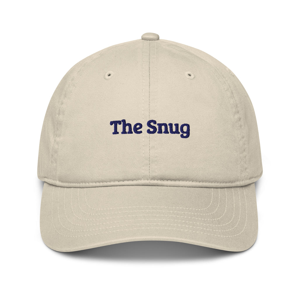 The Snug Cap in Oyster with navy embroidery, front view
