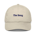 The Snug Cap in Oyster with navy embroidery, front view