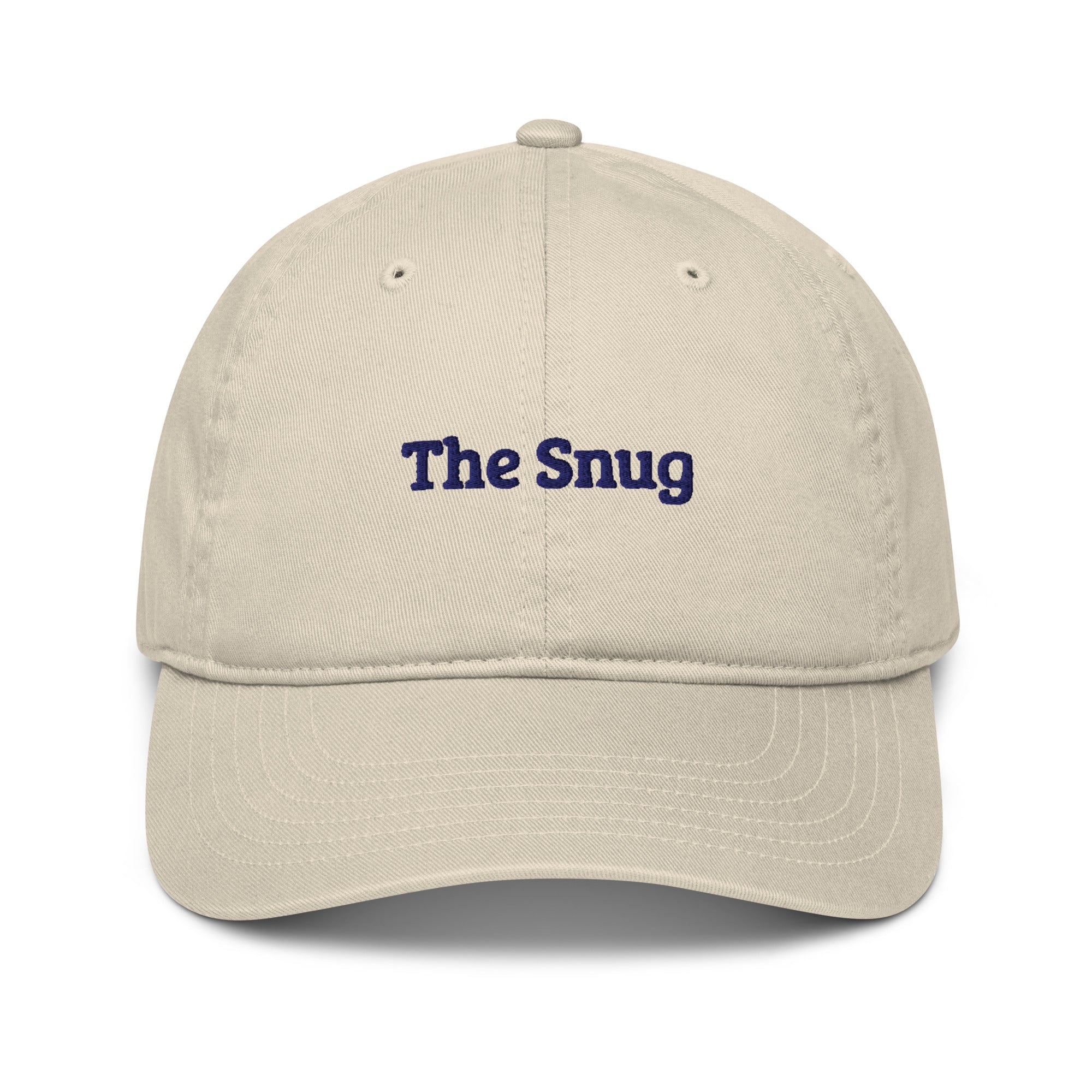 The Snug Cap in Oyster with navy embroidery, front view