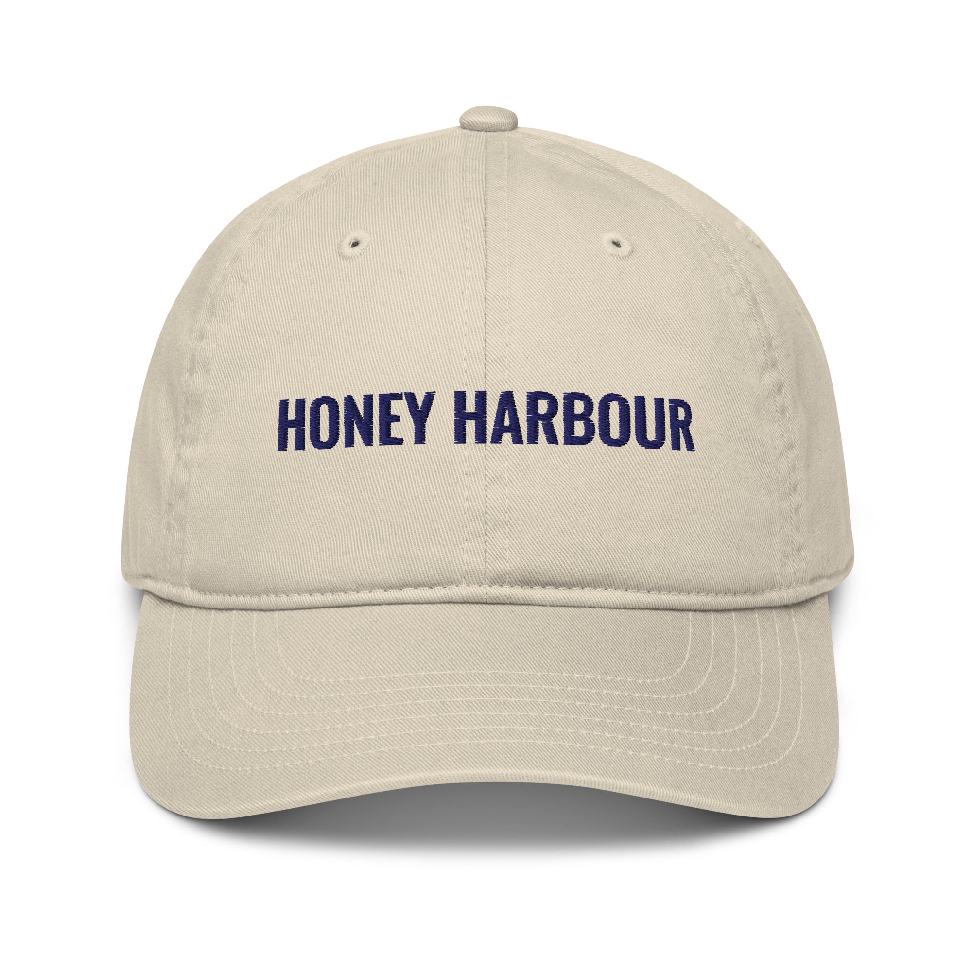 Honey Harbour Cap in Oyster with navy embroidery, front view