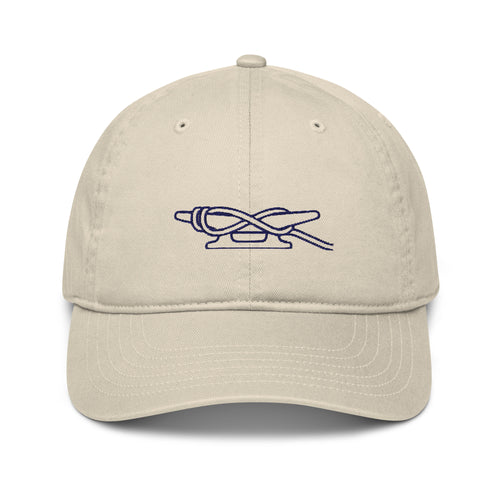 Dockline Cap in Oyster with navy cleat-hitch embroidery, front view