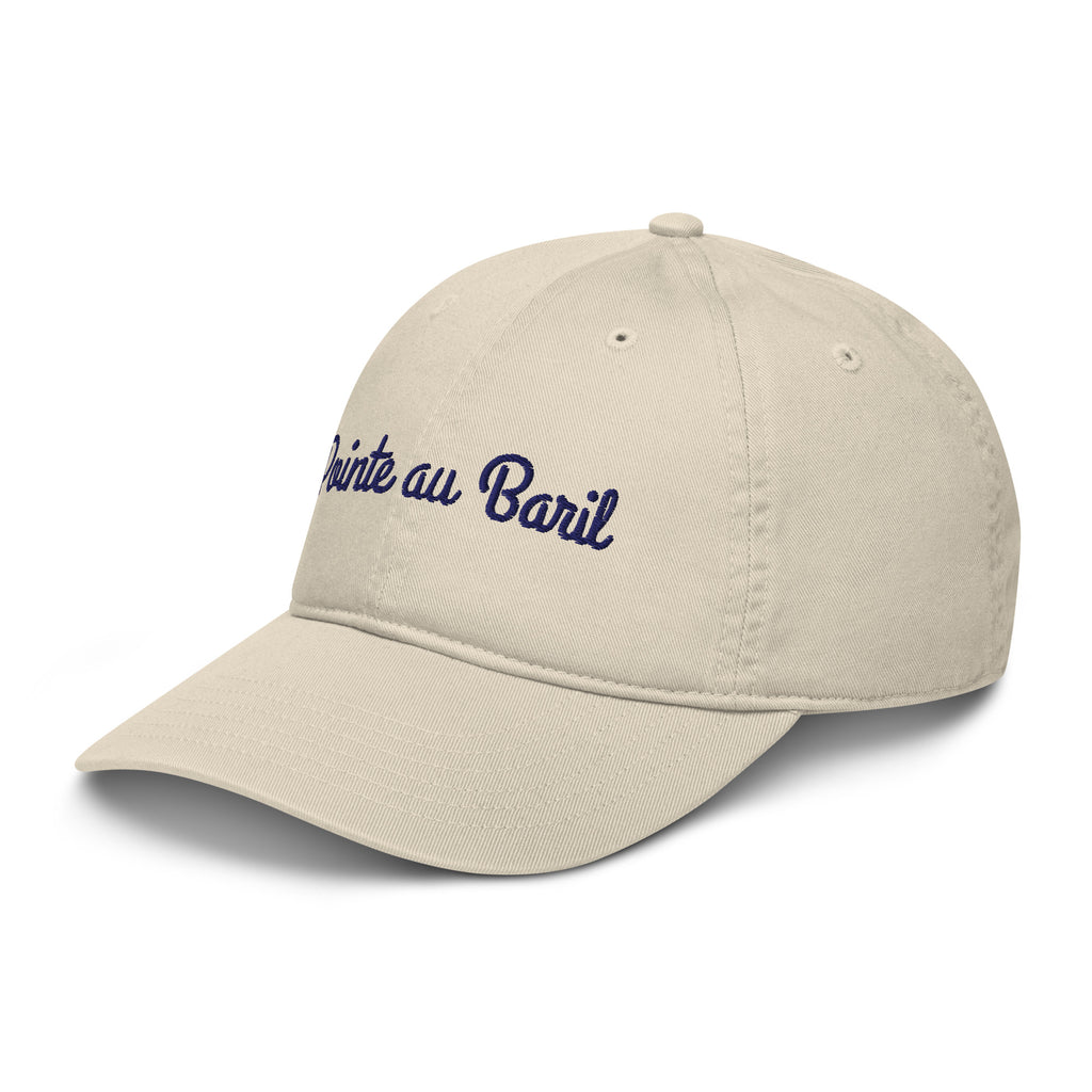 Pointe au Baril Cap in Oyster with navy script embroidery, left front view