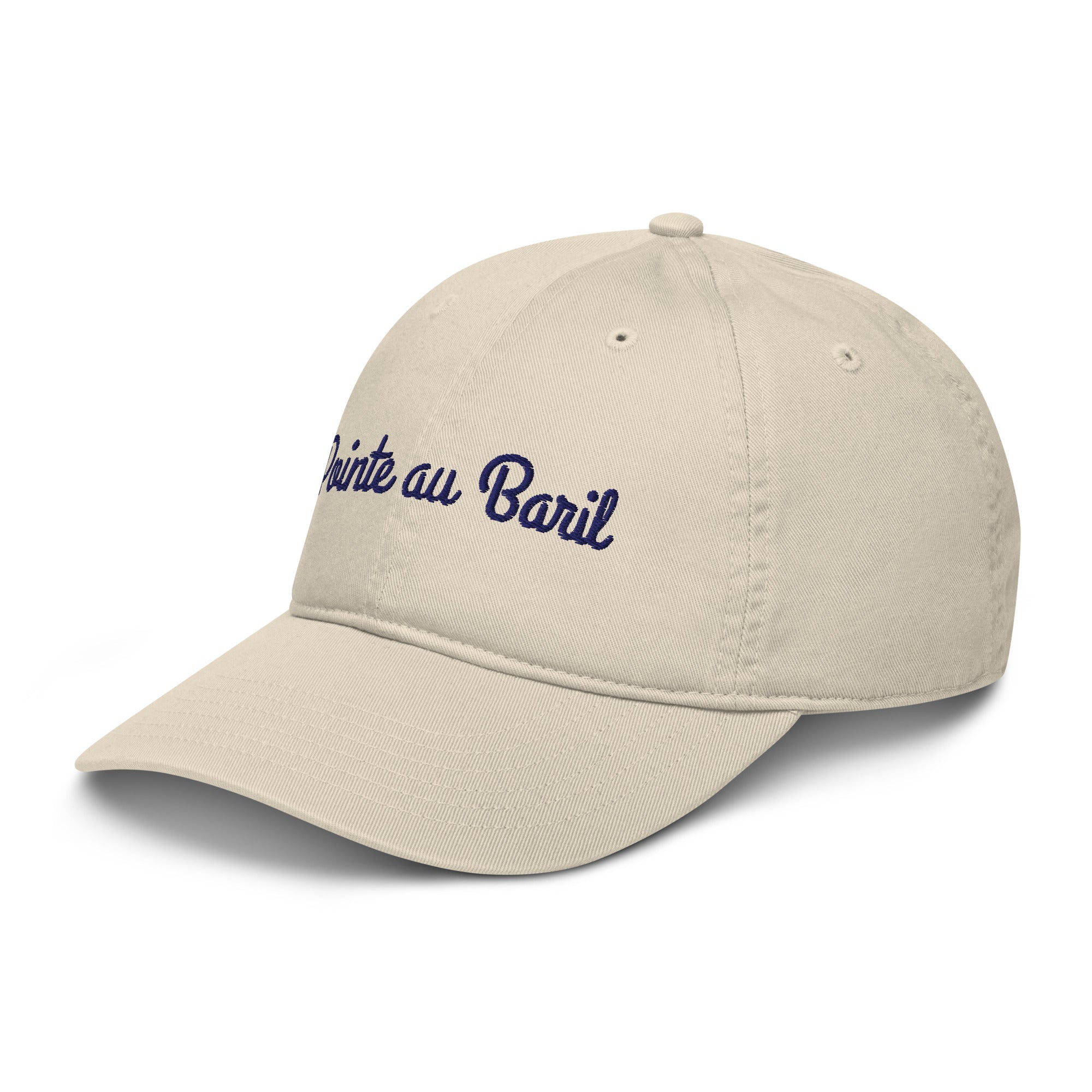 Pointe au Baril Cap in Oyster with navy script embroidery, left front view