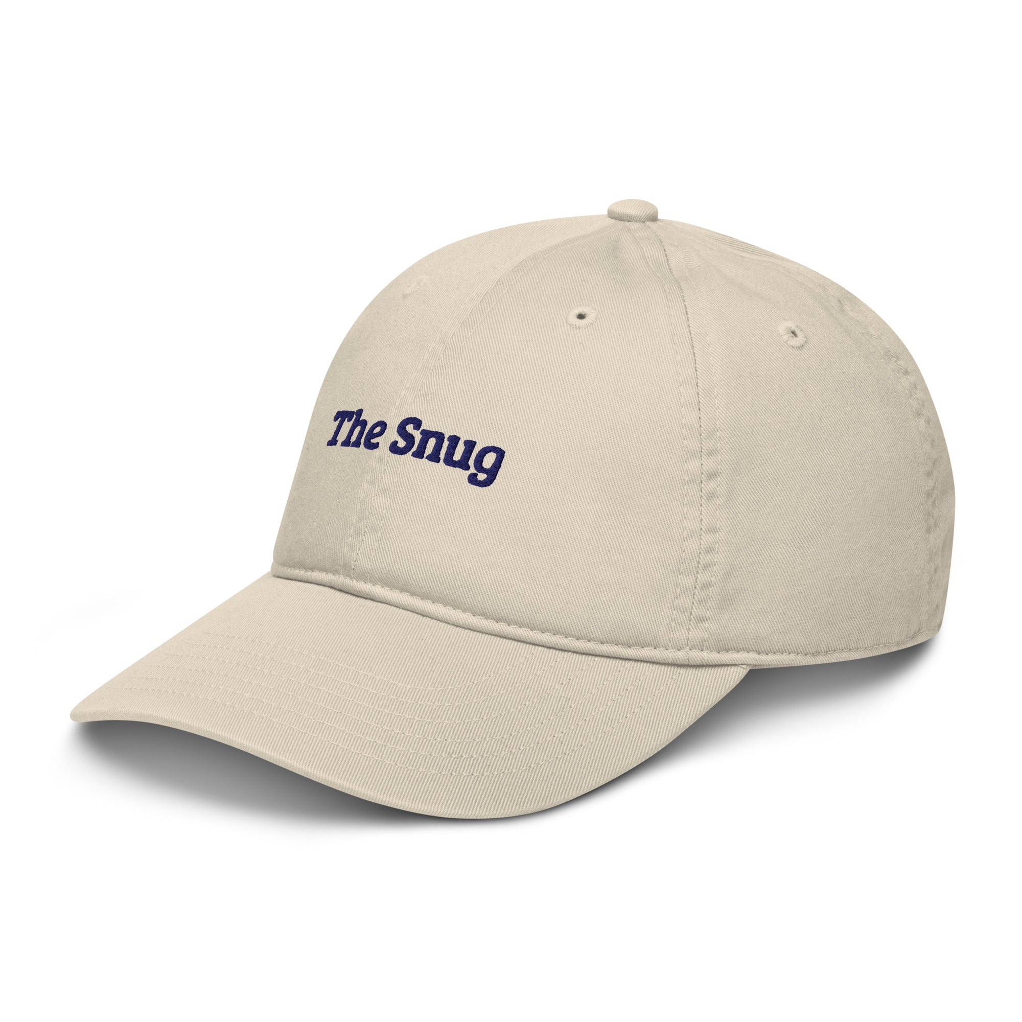 The Snug Cap in Oyster with navy embroidery, left-front view