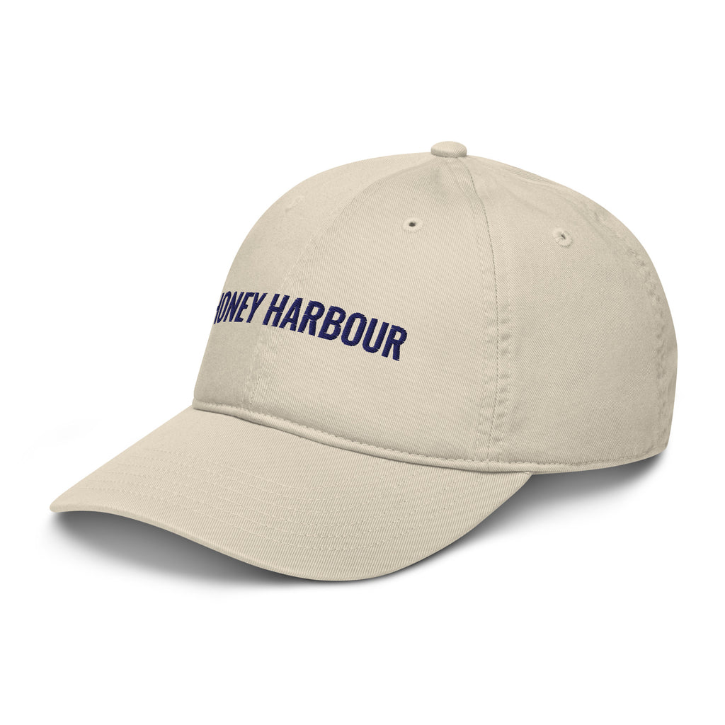 Honey Harbour Cap in Oyster with navy embroidery, left-front view