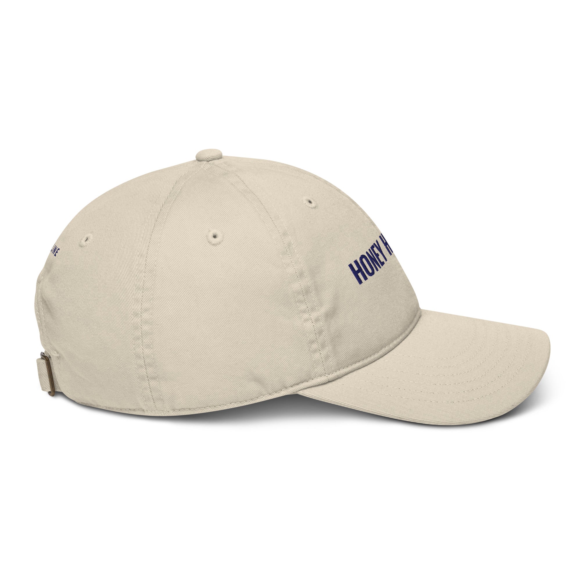 Honey Harbour Cap in Oyster with navy embroidery, right-side view