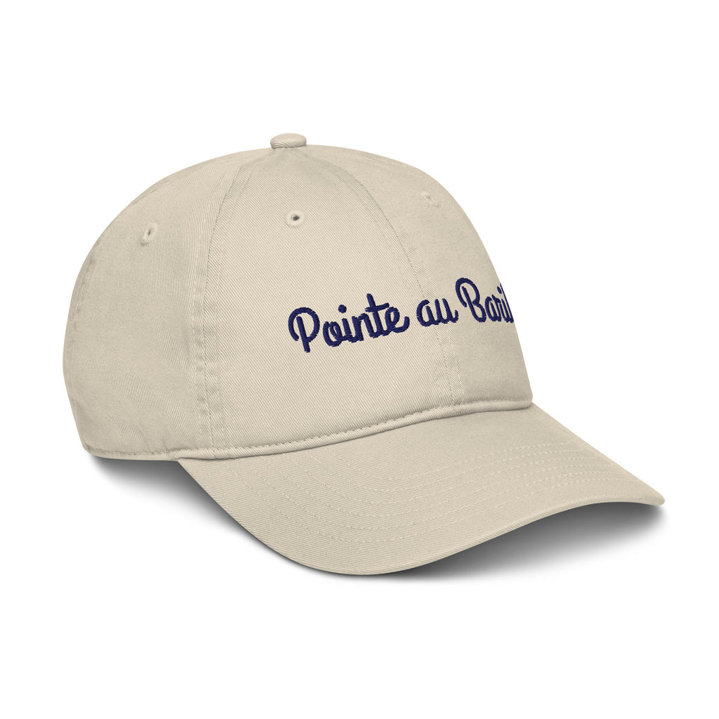 Pointe au Baril Cap in Oyster with navy script embroidery, right front view