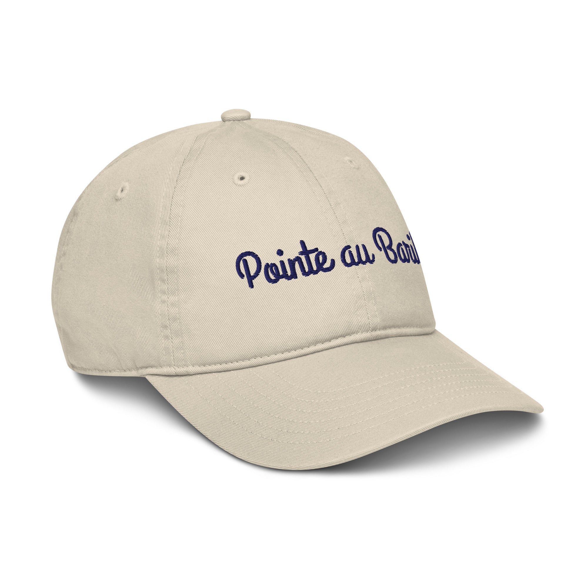 Pointe au Baril Cap in Oyster with navy script embroidery, right front view