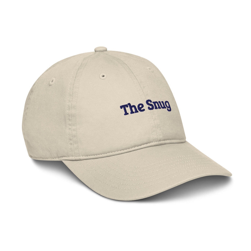 The Snug Cap in Oyster with navy embroidery, right-front view