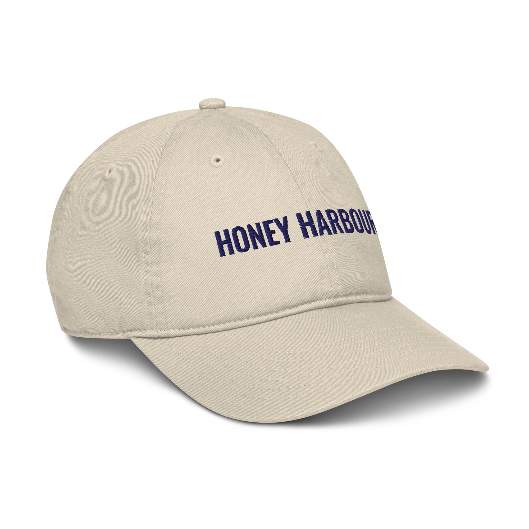 Honey Harbour Cap in Oyster with navy embroidery, right-front view