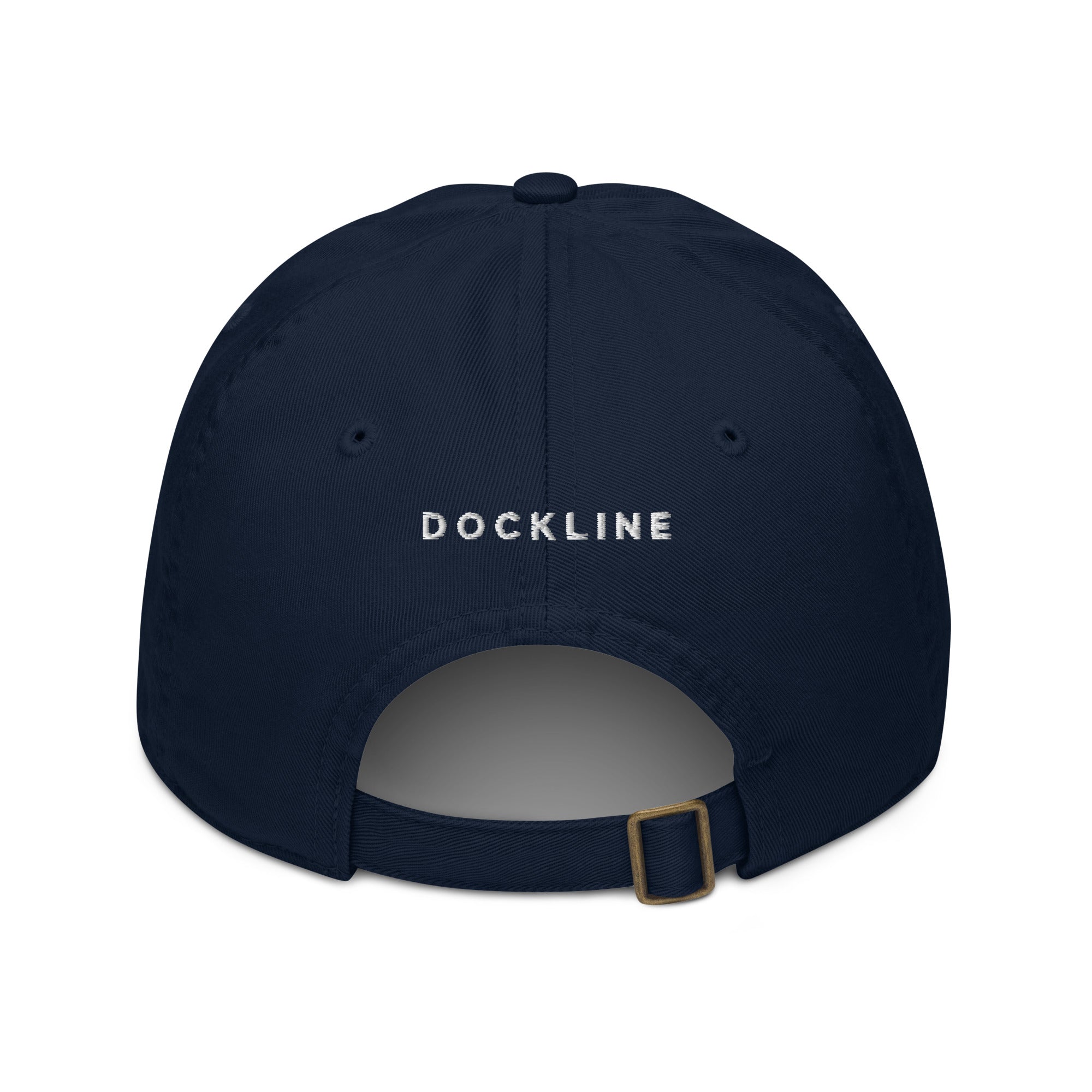 Dockline Cap in Pacific with white DOCKLINE embroidery, back view
