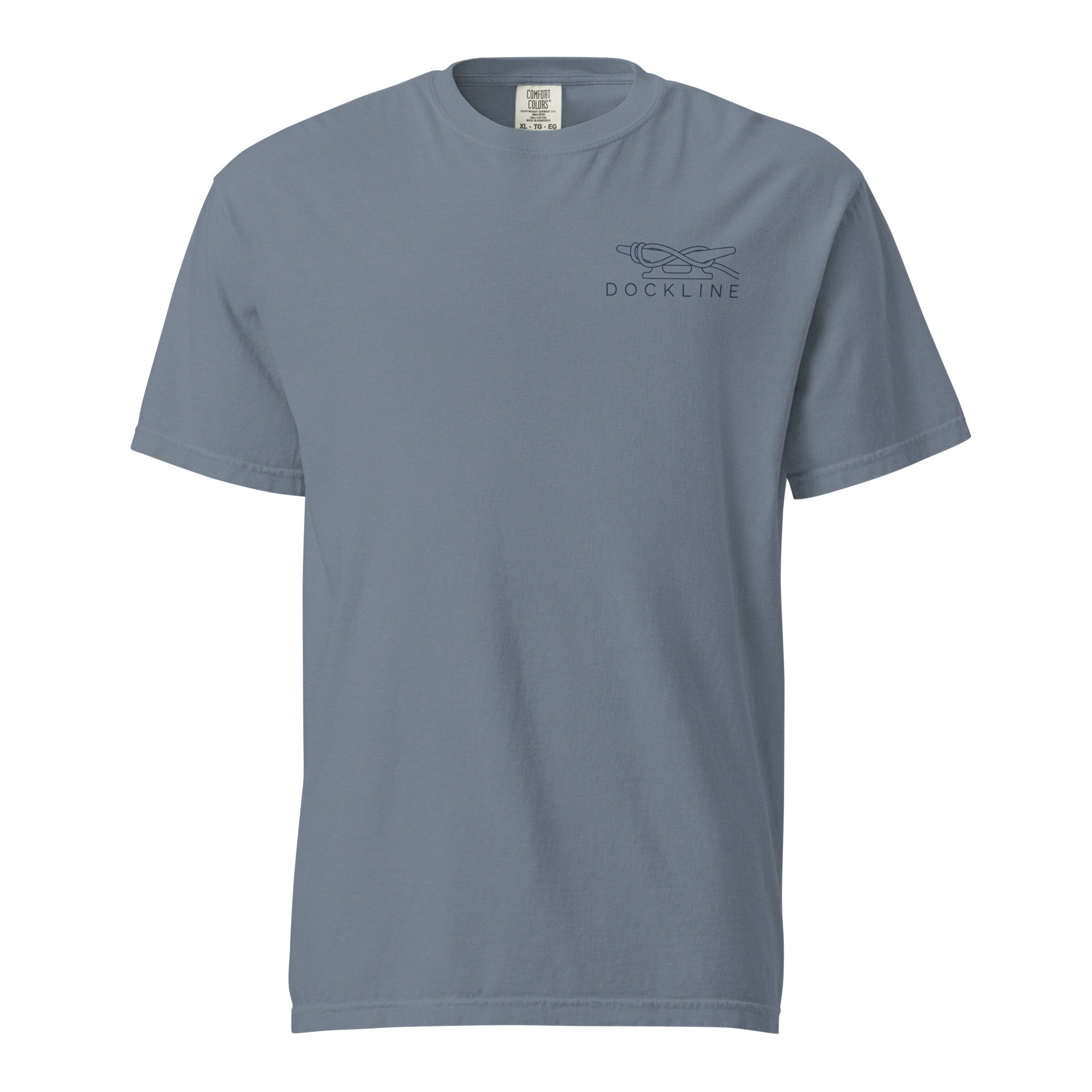 Dockline Tee in Blue Jean with navy cleat-hitch print, ghost front view