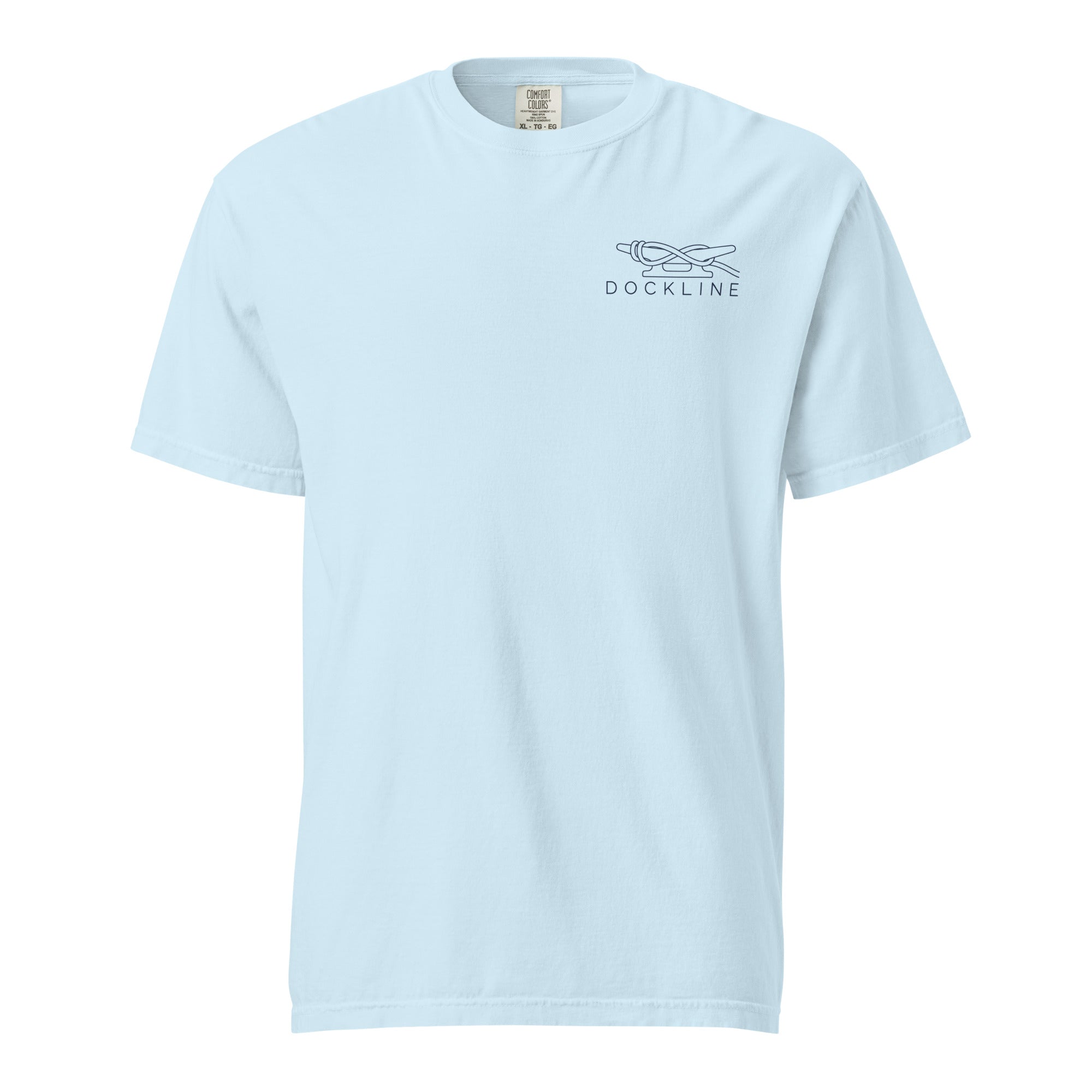 Dockline Tee in Chambray with navy cleat-hitch print, ghost front view