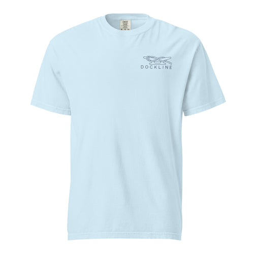 Dockline Tee in Chambray with navy cleat-hitch print, ghost front view