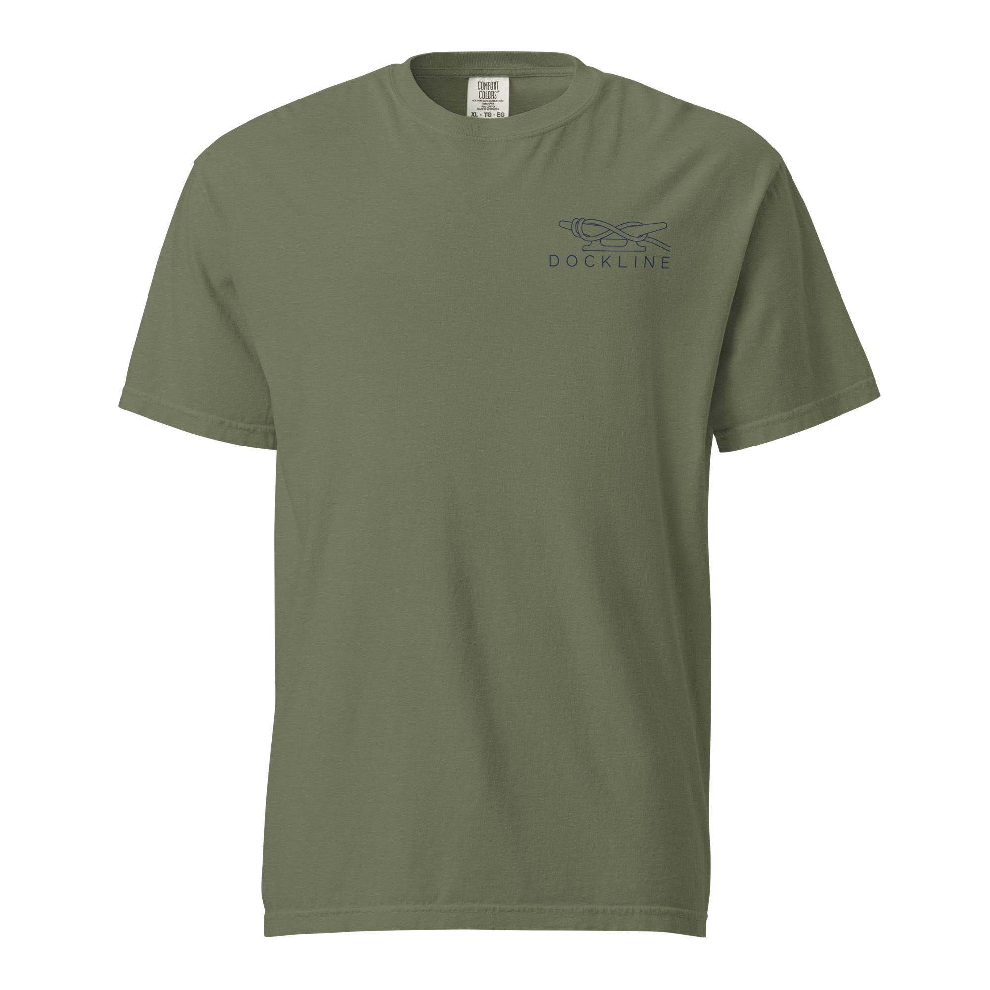 Dockline Tee in Moss with navy cleat-hitch print, ghost front view
