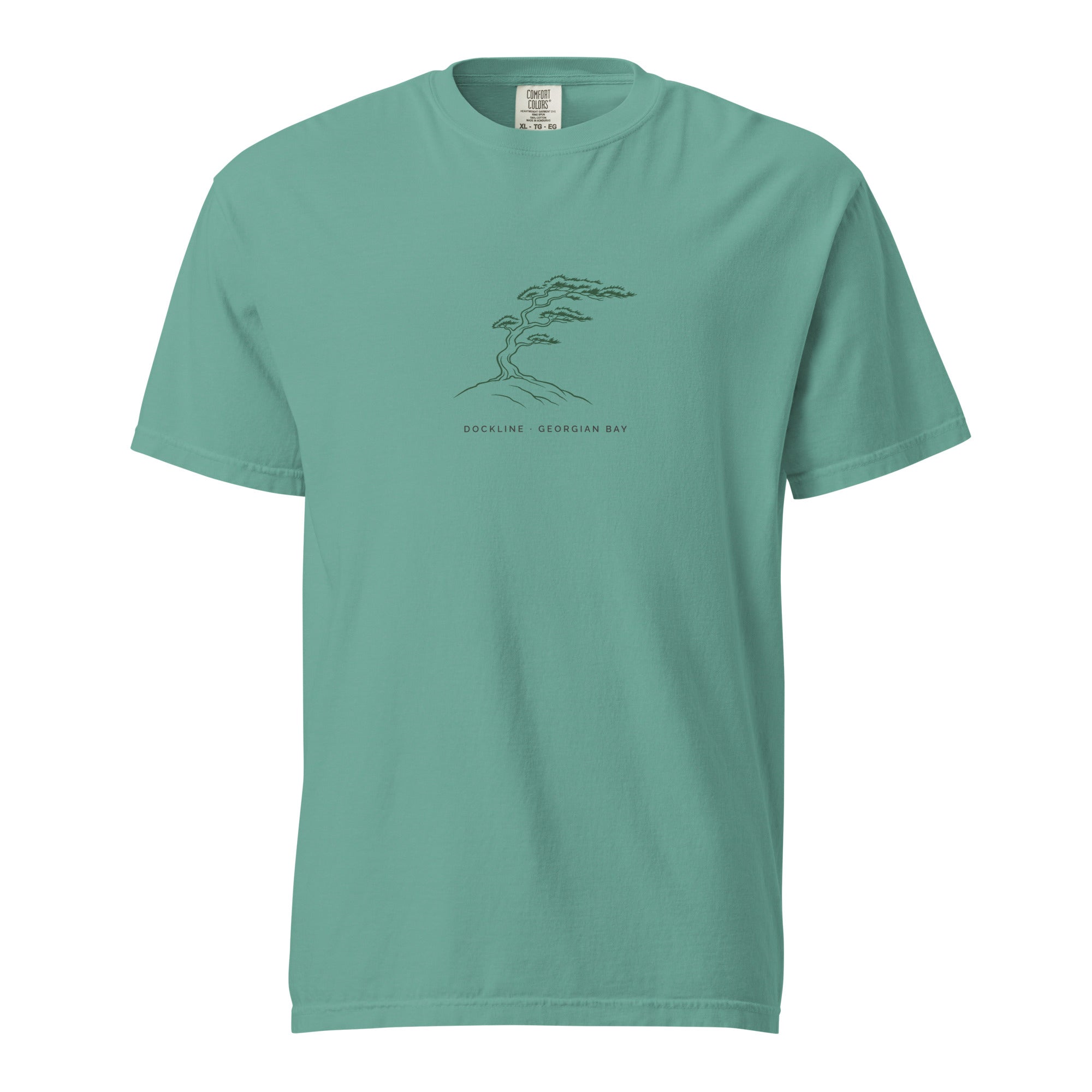 Windswept Pine Tee in Seafoam with pine illustration print, front view