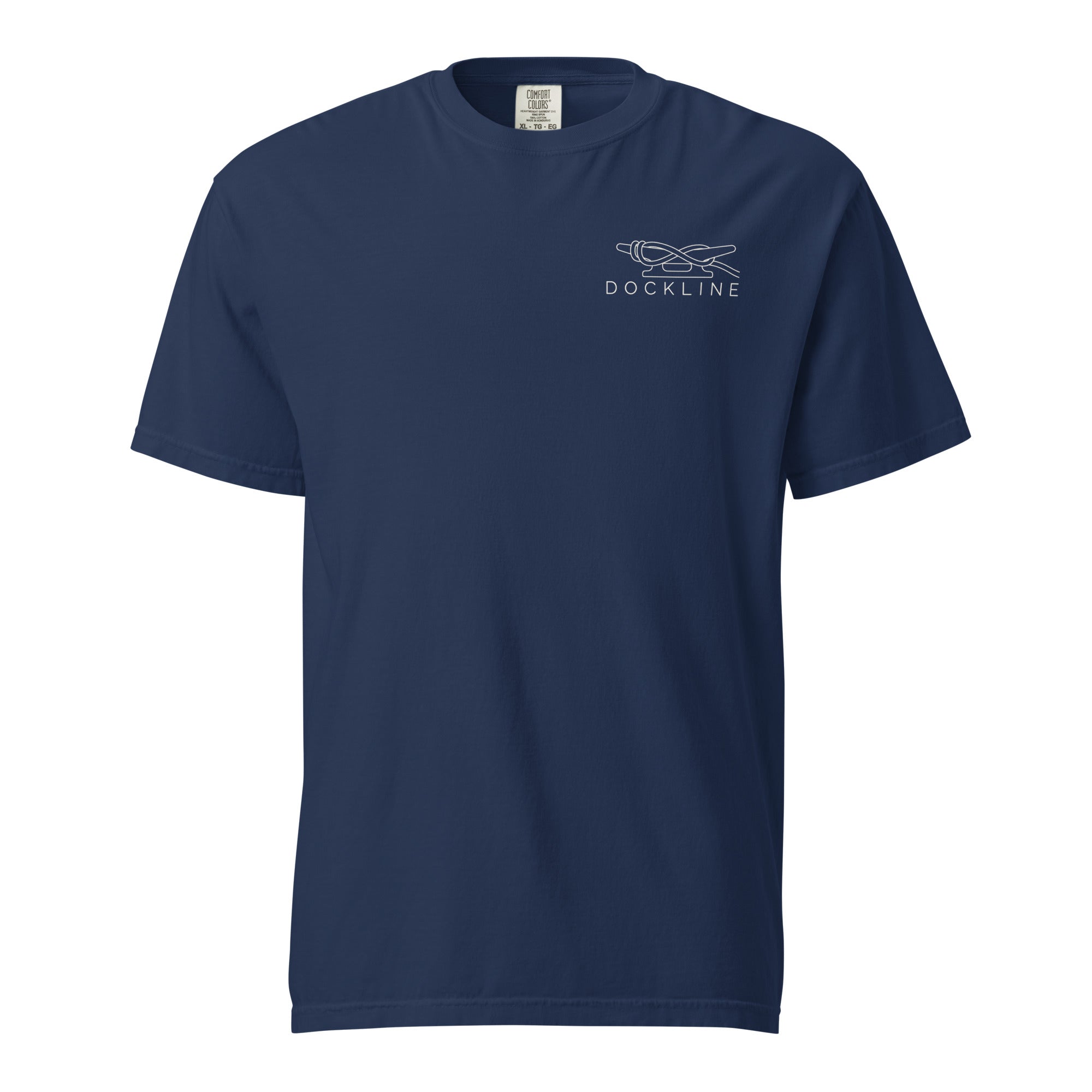Dockline Tee in True Navy with Sail Cream cleat-hitch print, ghost front view