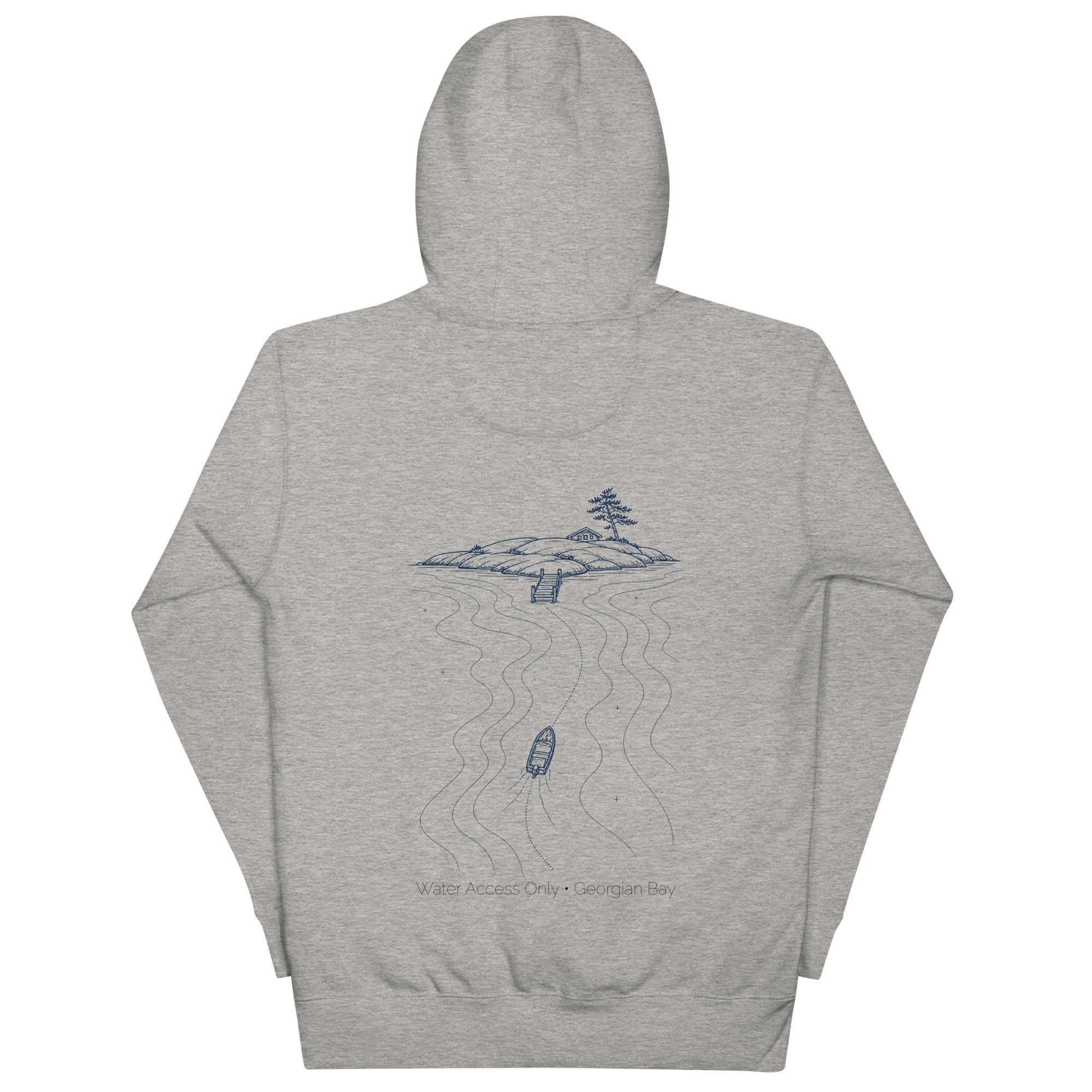 Water Access Only Hoodie in Carbon Grey with navy back illustration, back view