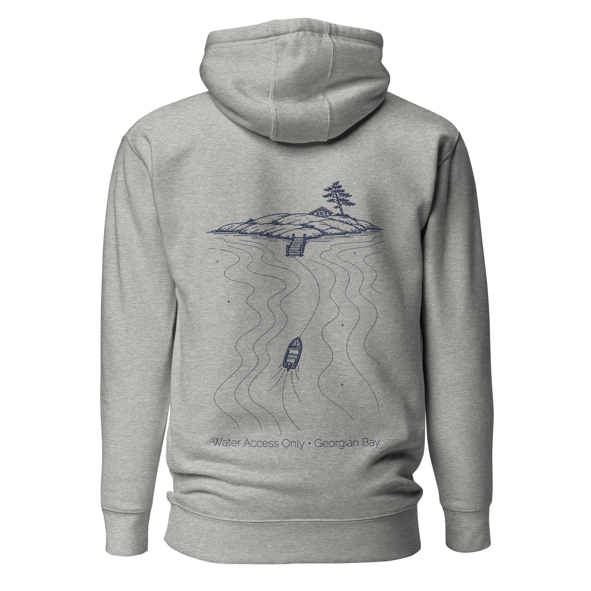 Water Access Only Hoodie in Carbon Grey with navy back illustration, back view