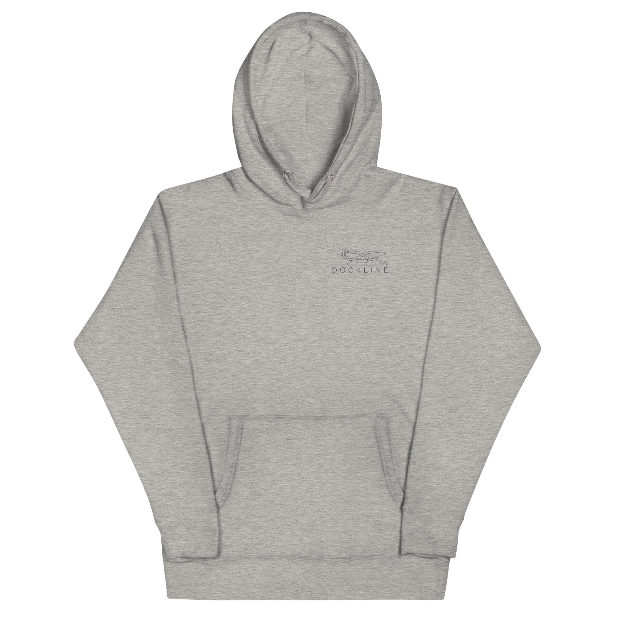 Water Access Only Hoodie in Carbon Grey with navy chest lockup, front view