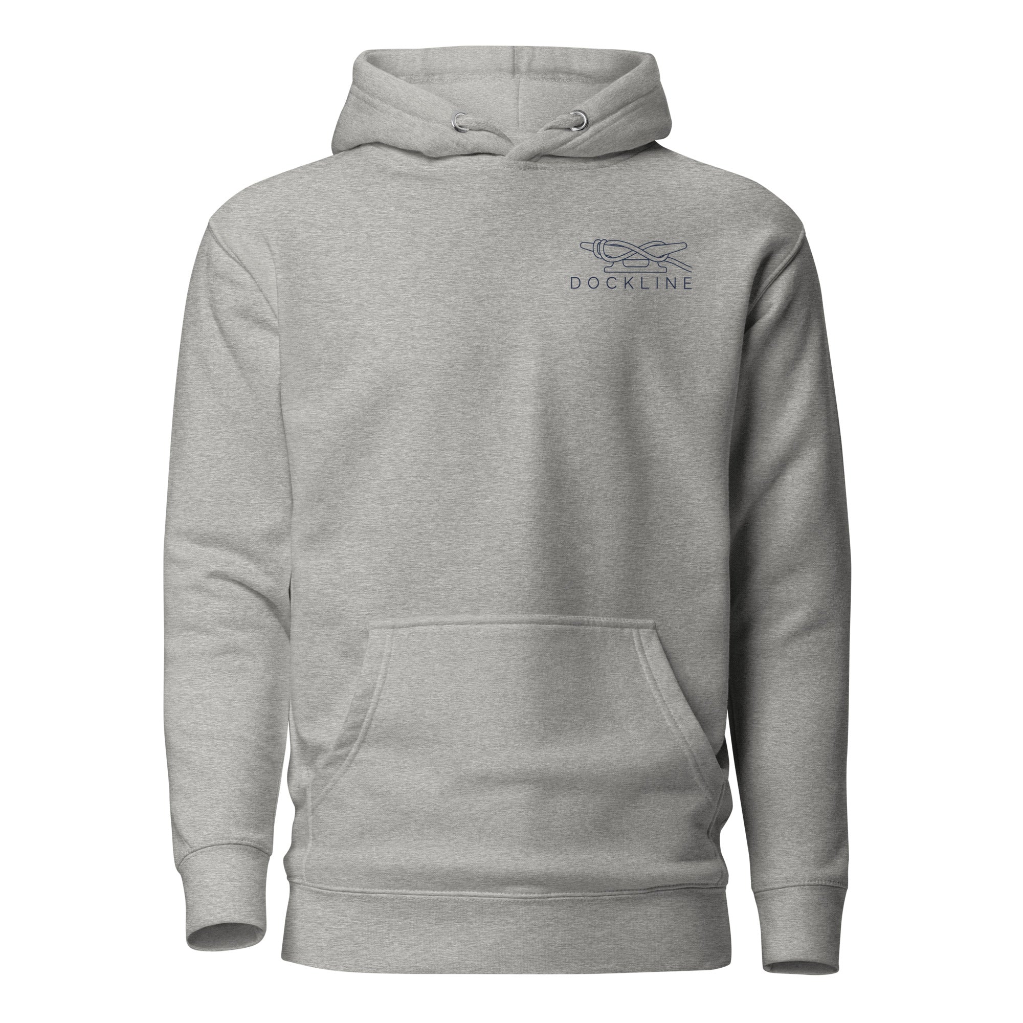 Water Access Only Hoodie in Carbon Grey with navy chest lockup, front view