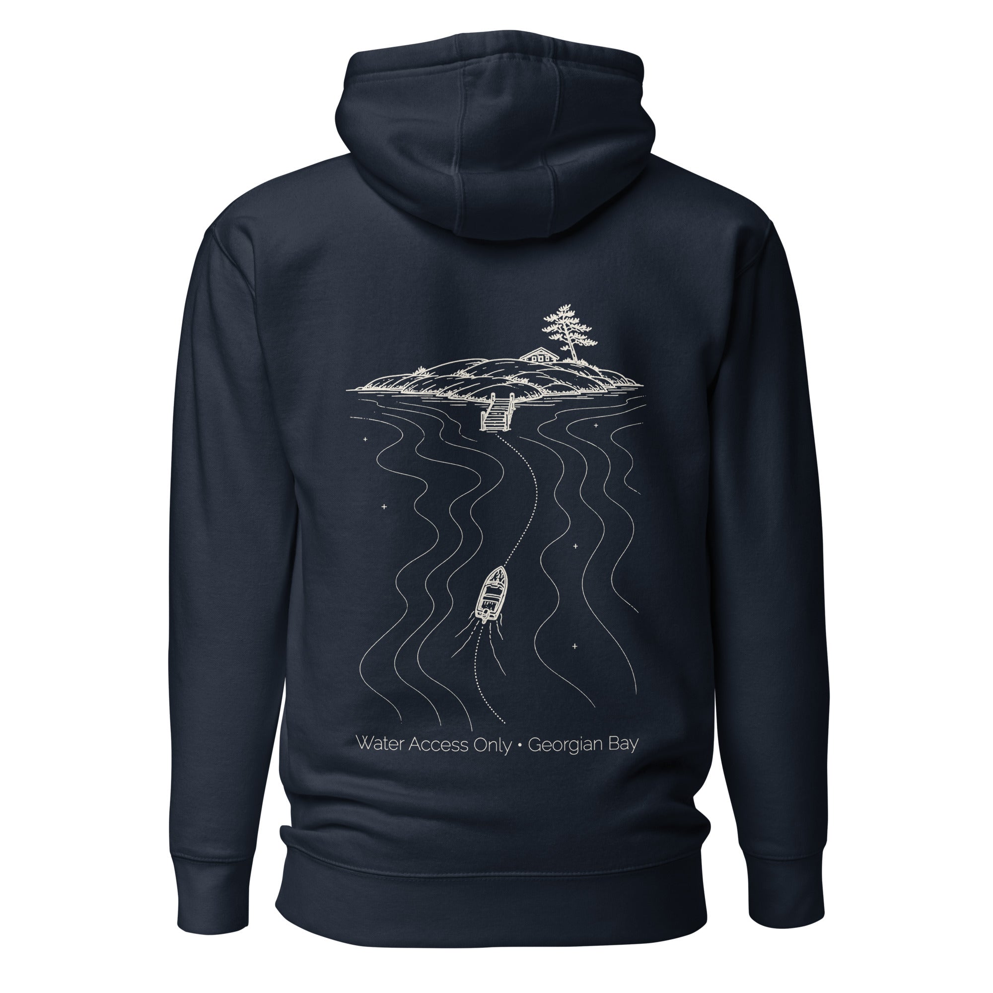Water Access Only Hoodie in Navy Blazer with Sail Cream back illustration, back view