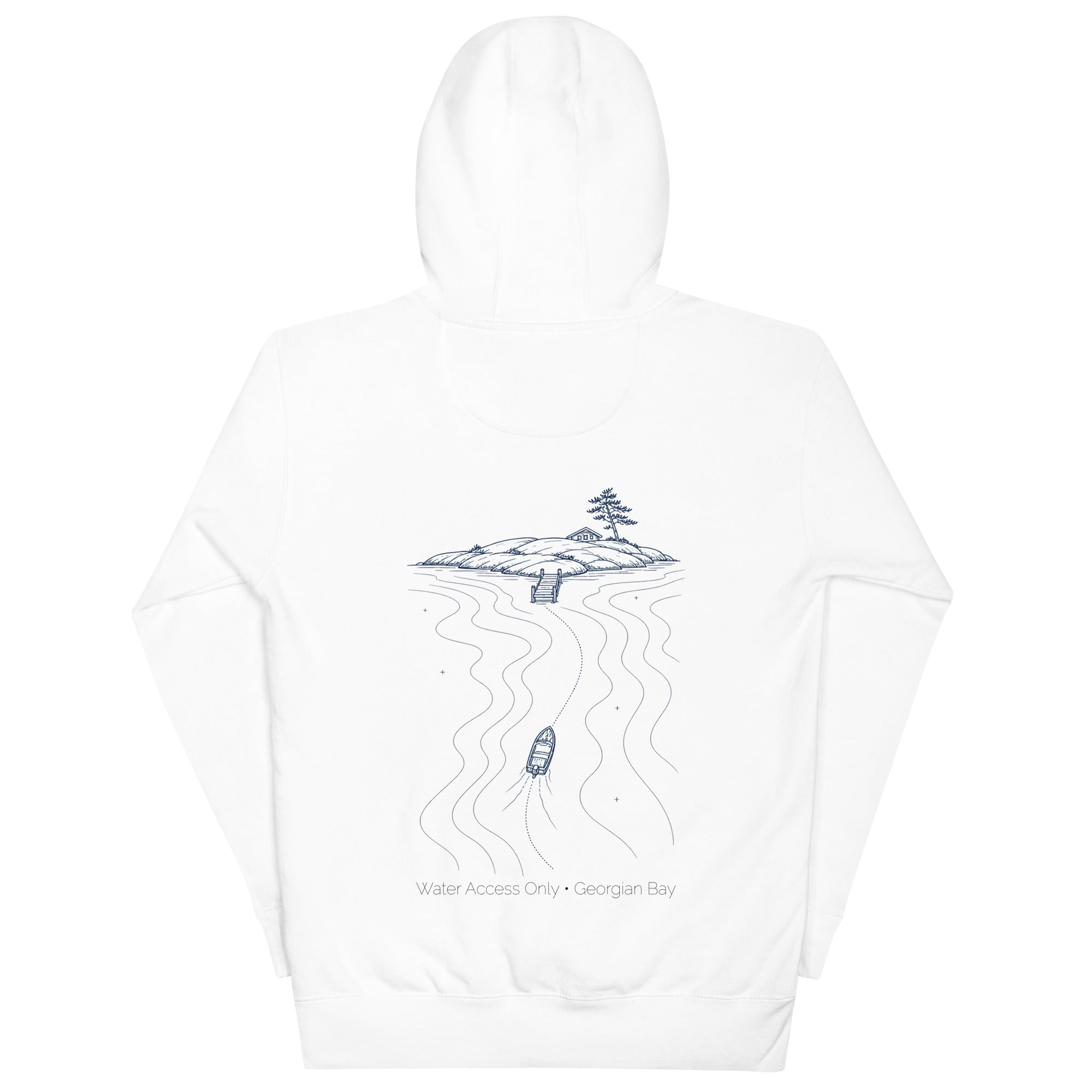 Water Access Only Hoodie in White with navy back illustration, back view