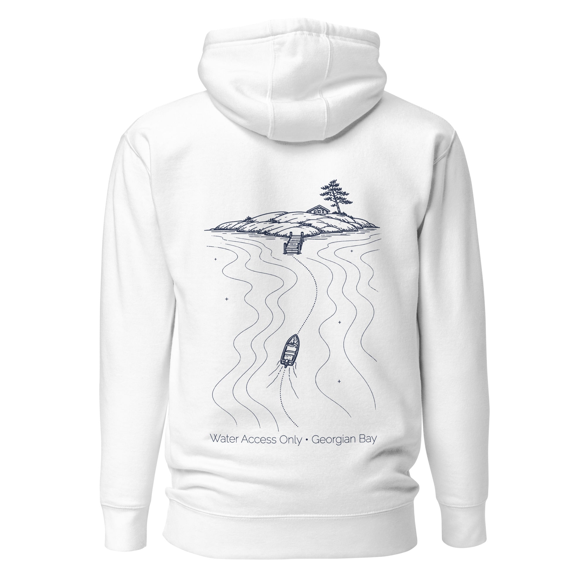 Water Access Only Hoodie in White with navy back illustration, back view