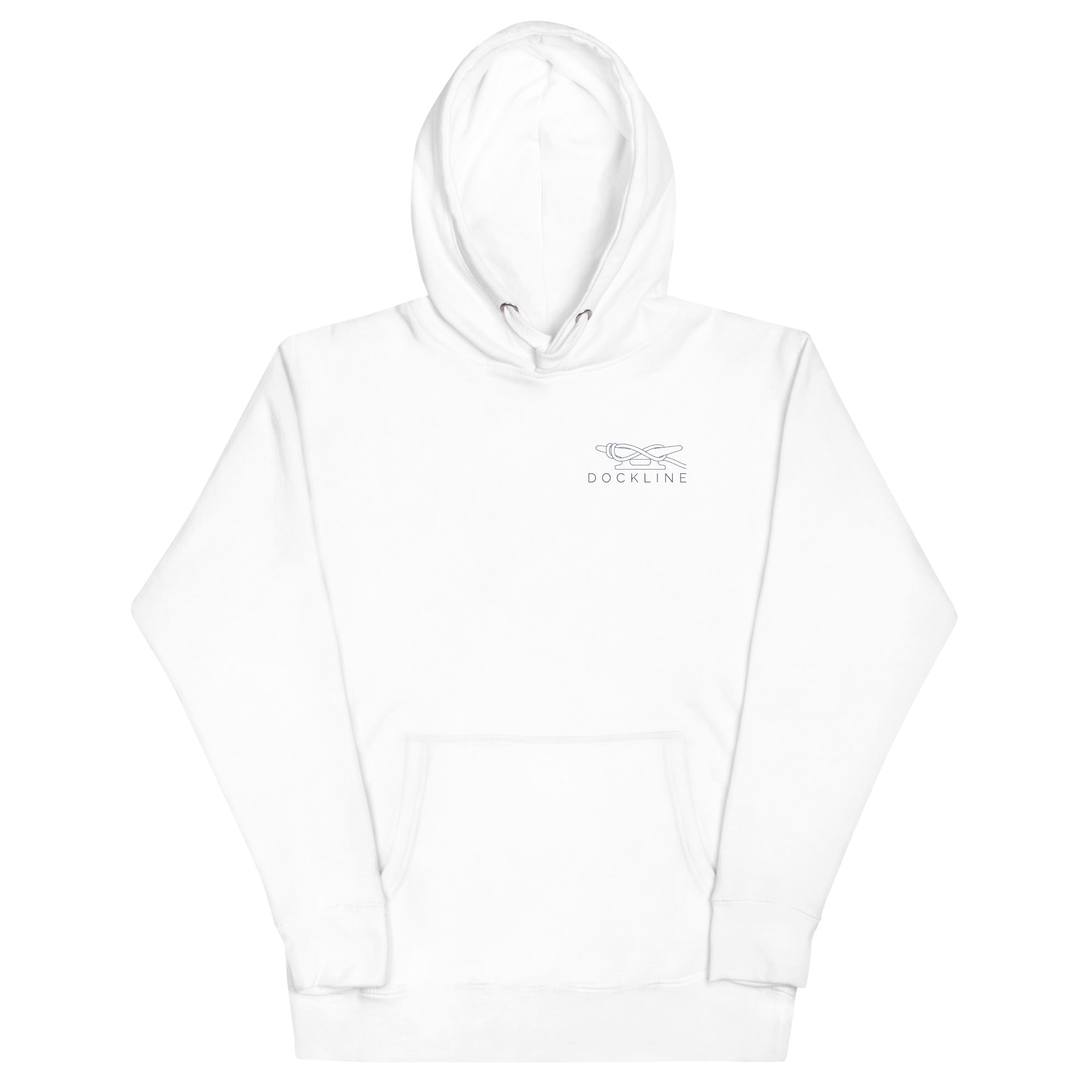 Water Access Only Hoodie in White with navy chest lockup, front view