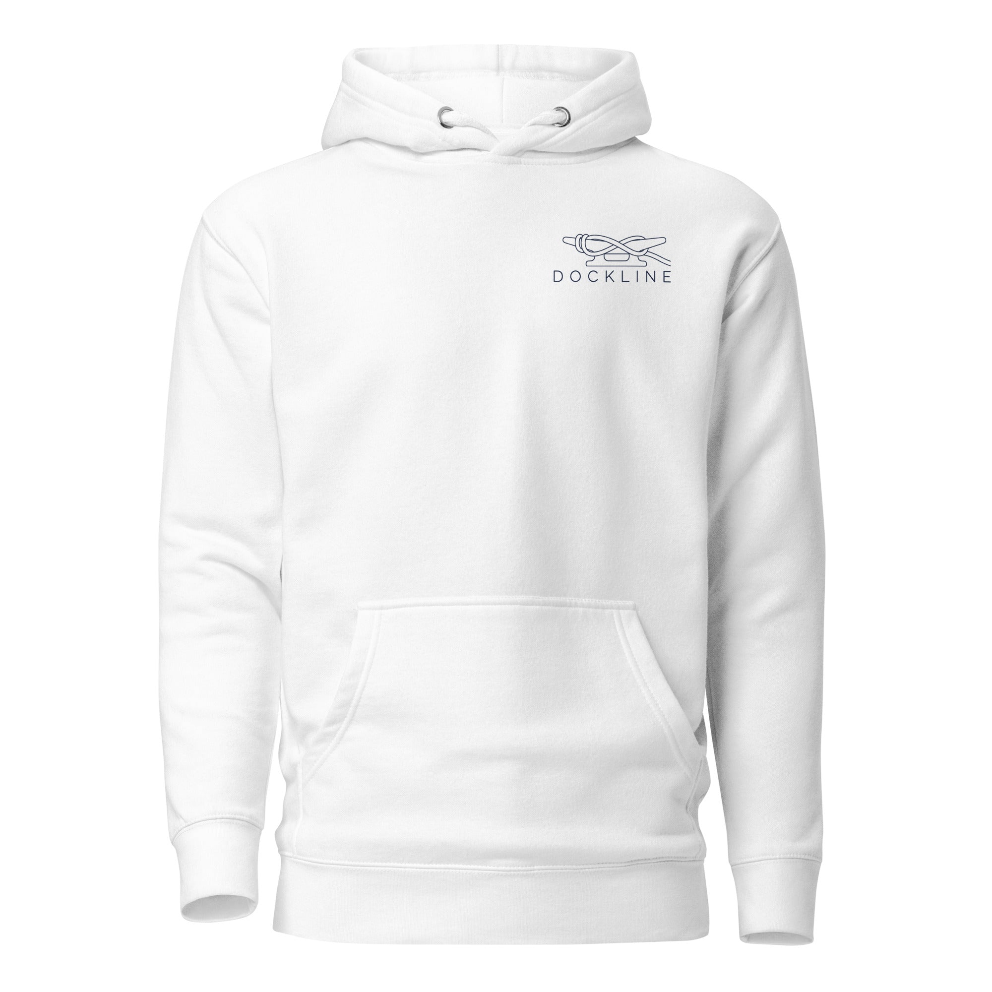 Water Access Only Hoodie in White with navy chest lockup, front view