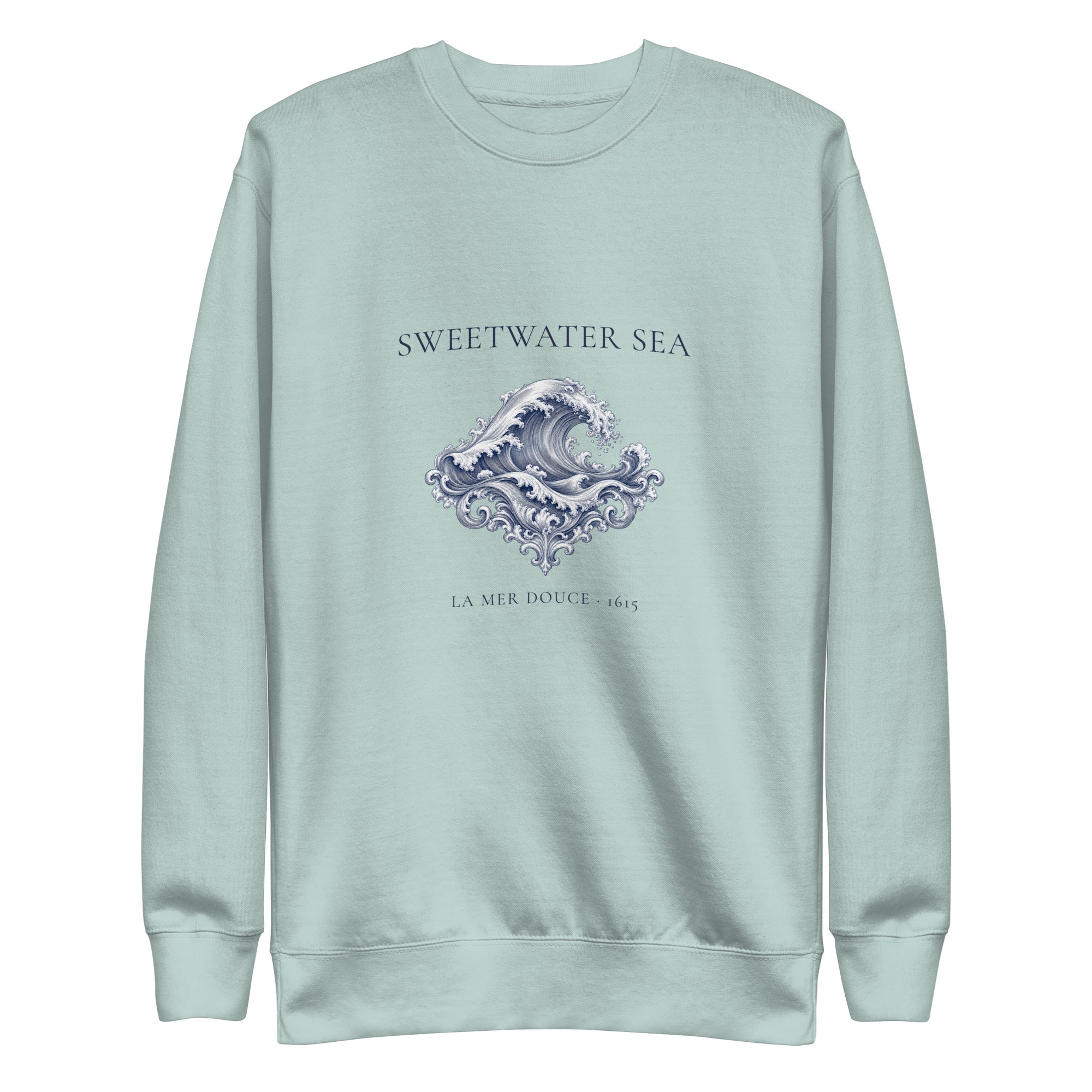 Sweetwater Sea Crewneck in Agave with navy engraving print, front view