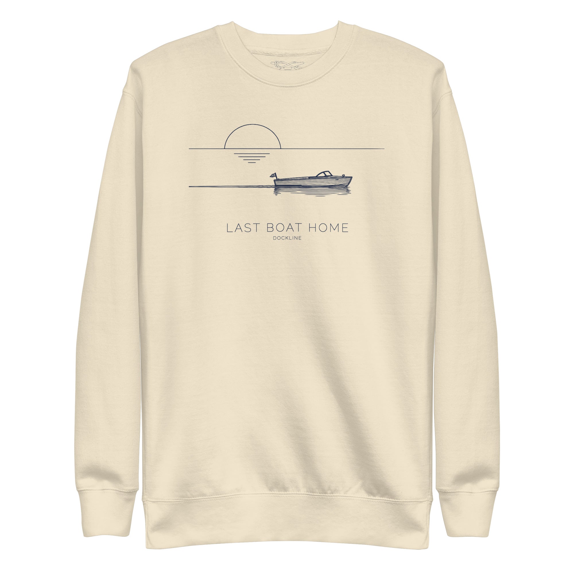 Last Boat Home Crewneck in Bone with navy illustration, front view