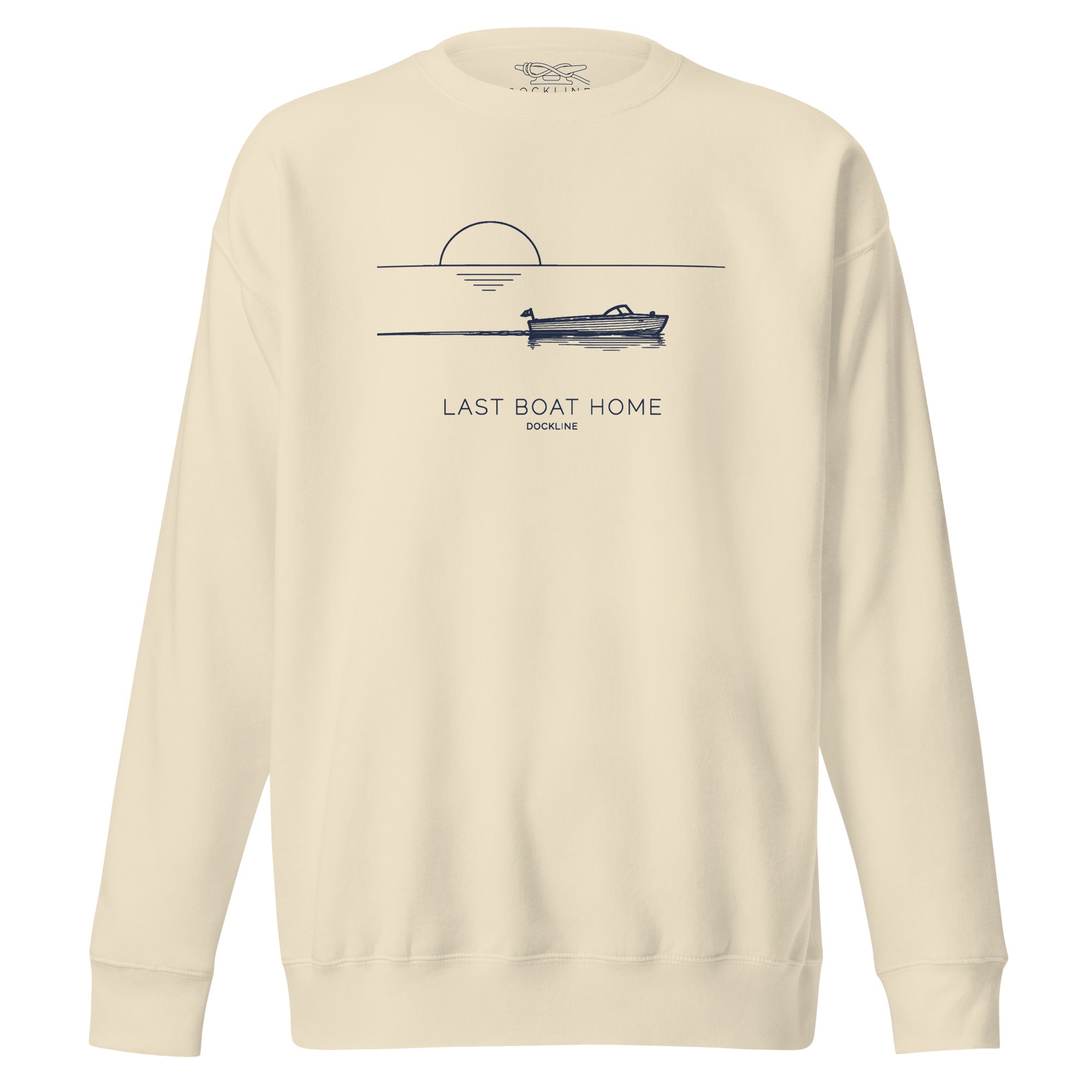 Last Boat Home Crewneck in Bone with navy illustration, front view
