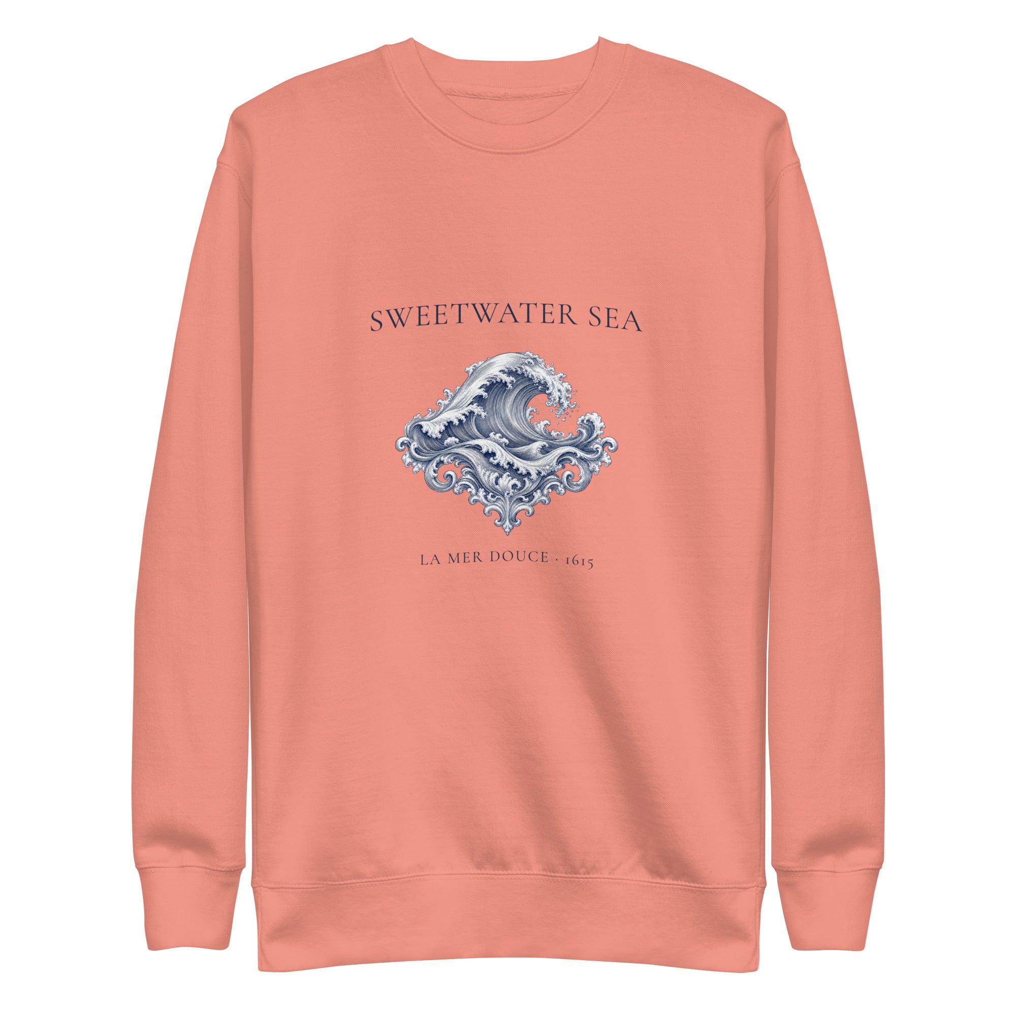 Sweetwater Sea Crewneck in Dusty Rose with navy engraving print, front view