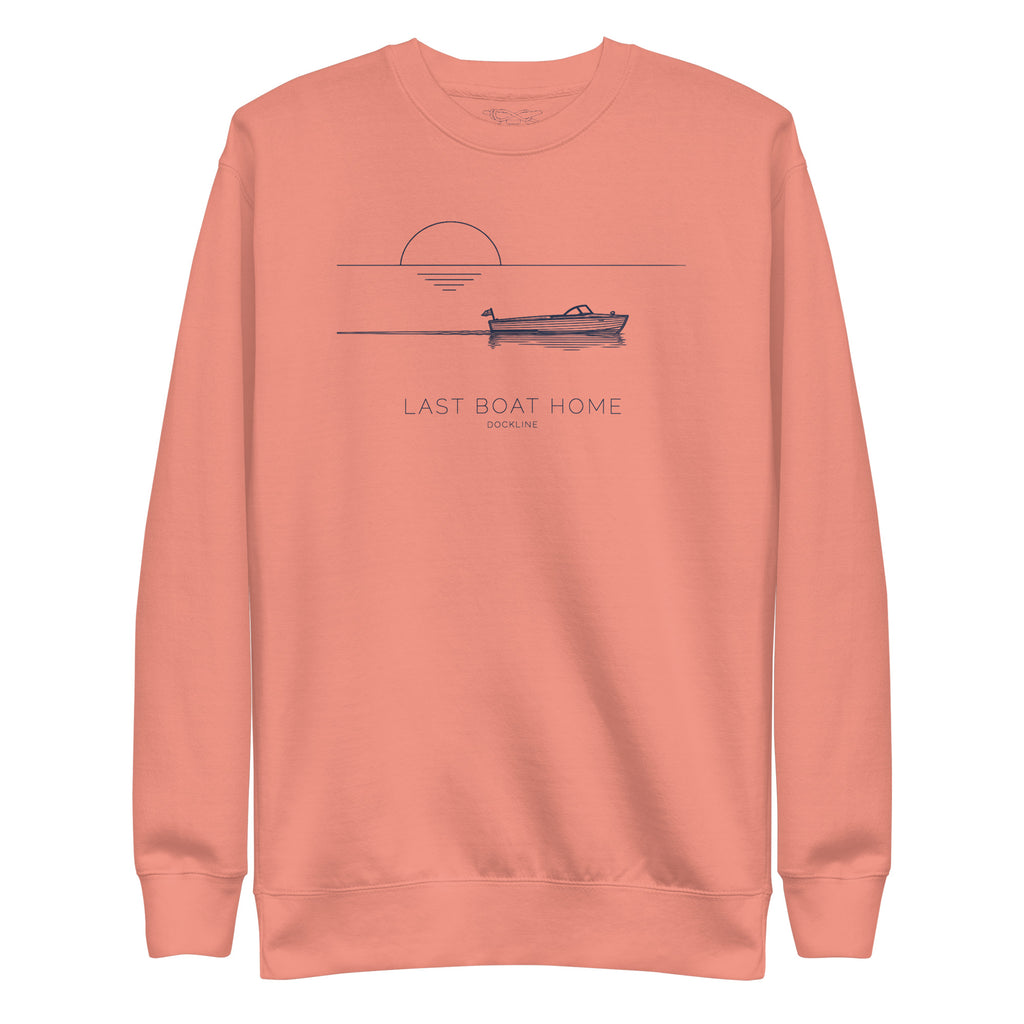 Last Boat Home Crewneck in Dusty Rose with navy illustration, front view