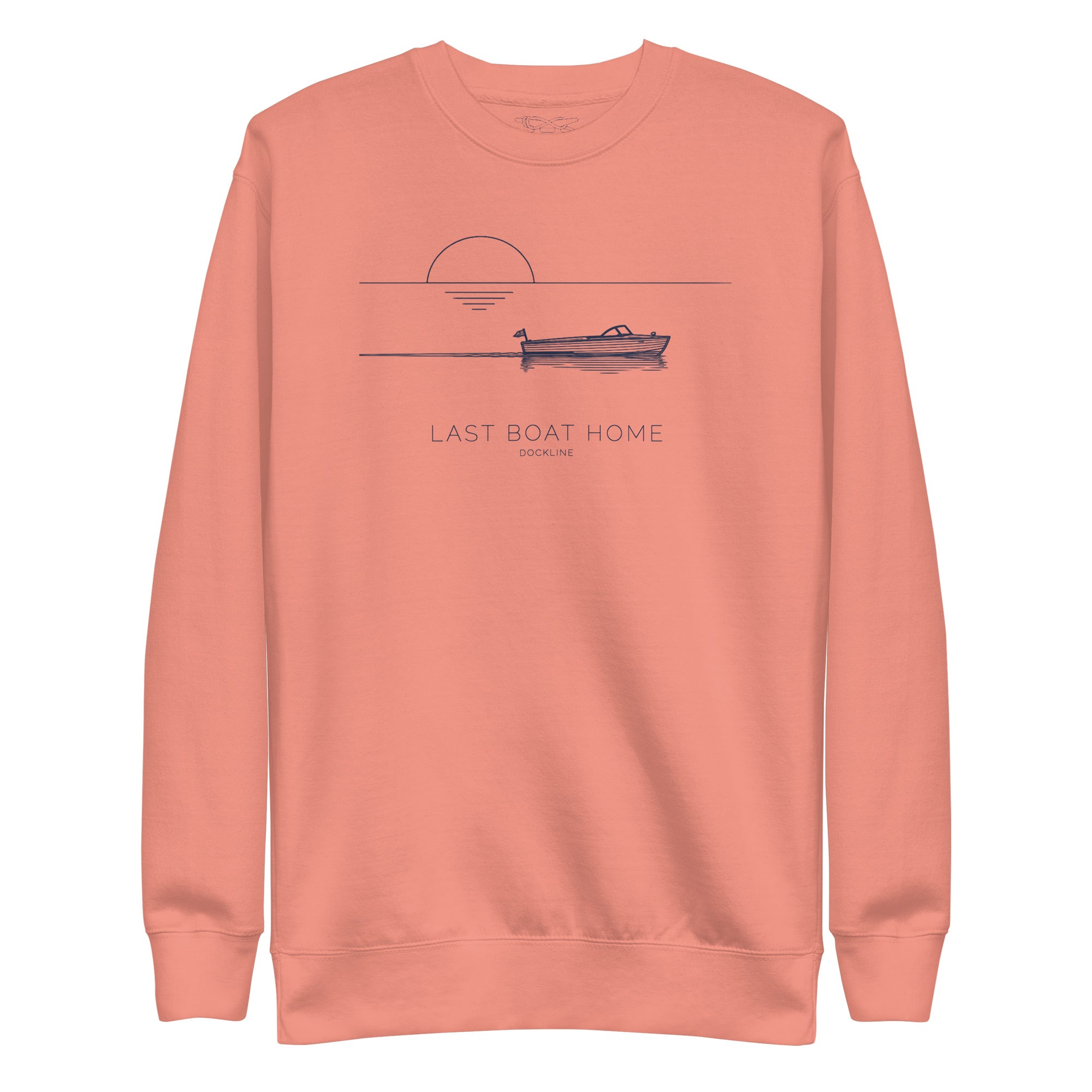 Last Boat Home Crewneck in Dusty Rose with navy illustration, front view