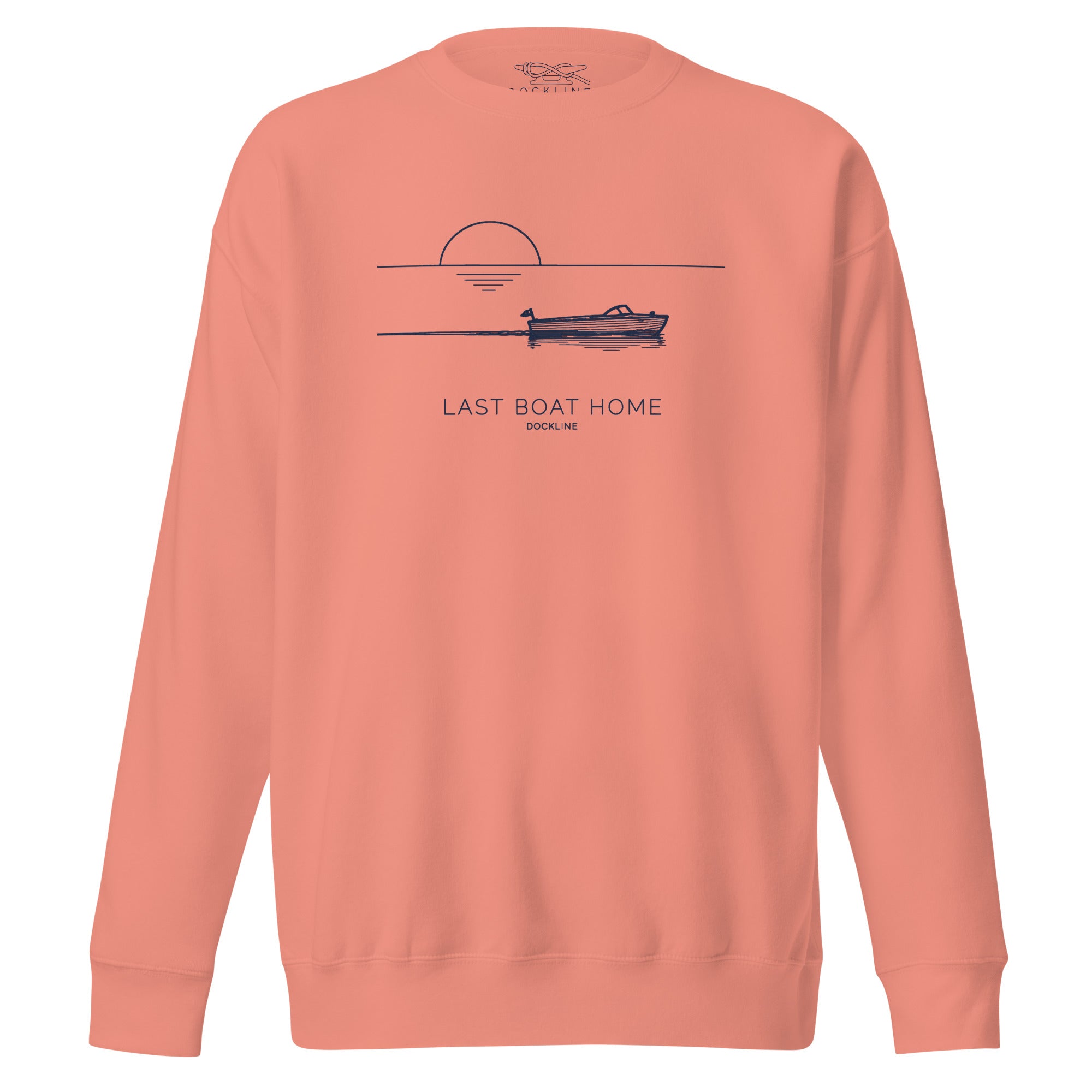 Last Boat Home Crewneck in Dusty Rose with navy illustration, front view